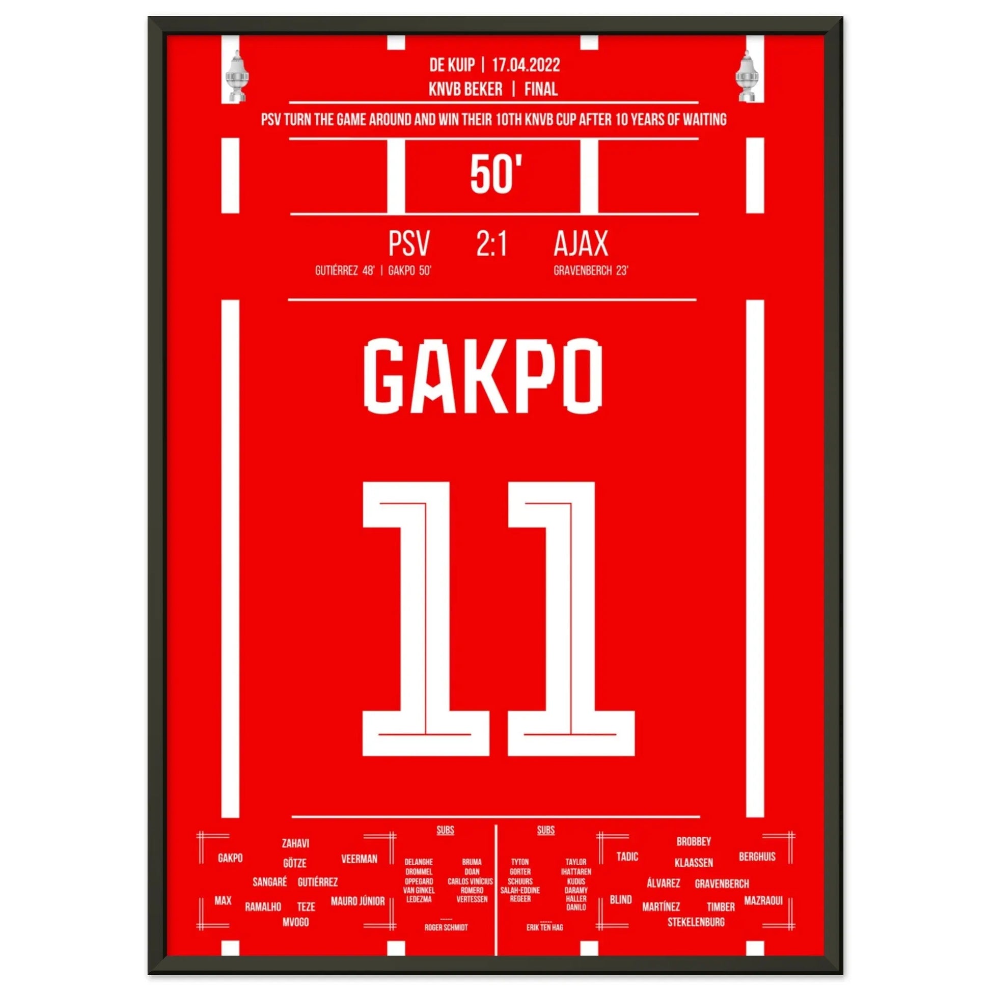 Gakpo mit Siegtreffer im Pokalfinale gegen Ajax 2017 50x70-cm-20x28-Schwarzer-Aluminiumrahmen