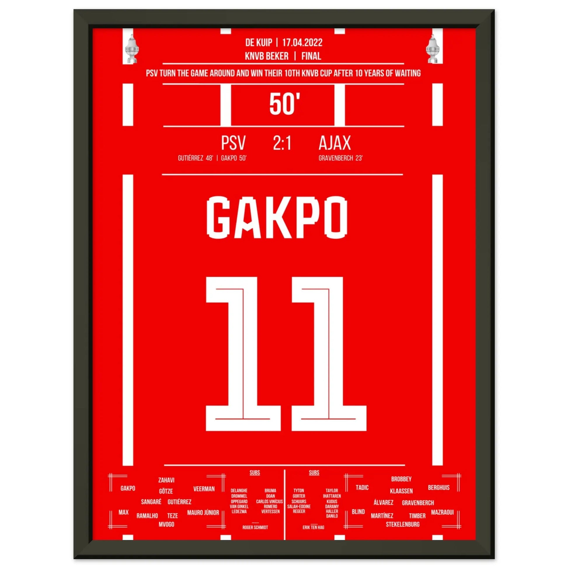 Gakpo mit Siegtreffer im Pokalfinale gegen Ajax 2017 30x40-cm-12x16-Schwarzer-Aluminiumrahmen