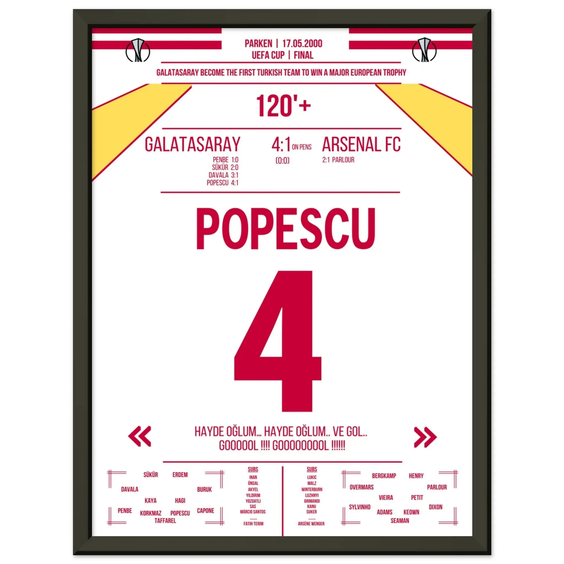 Galatasaray's Europapokal Triumph gegen Arsenal 2000 30x40-cm-12x16-Schwarzer-Aluminiumrahmen