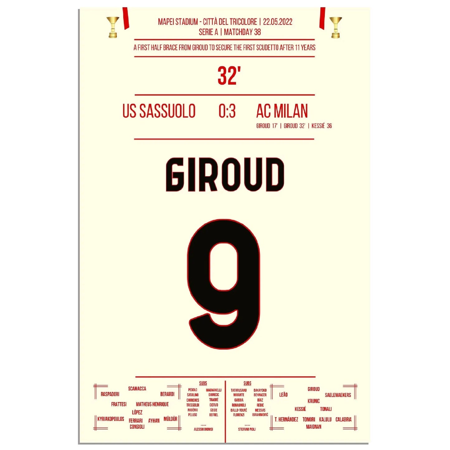 Giroud Doppelpack gegen Sassuolo - Milan gewinnt den ersten Scudetto nach 11 Jahren 60x90-cm-24x36-Ohne-Rahmen