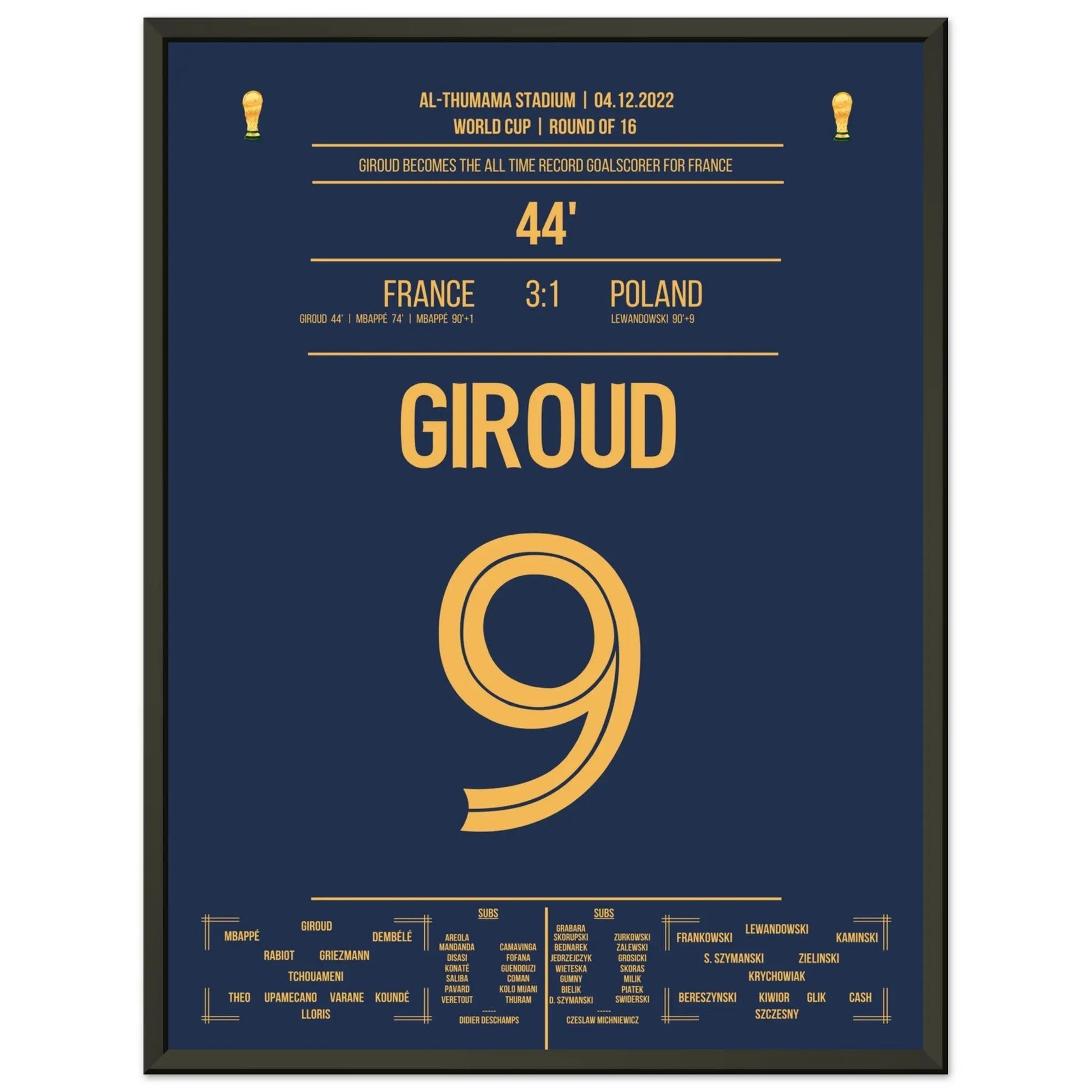 Giroud's Rekord-Tor für Frankreich bei der WM 2022 gegen Polen 45x60-cm-18x24-Schwarzer-Aluminiumrahmen