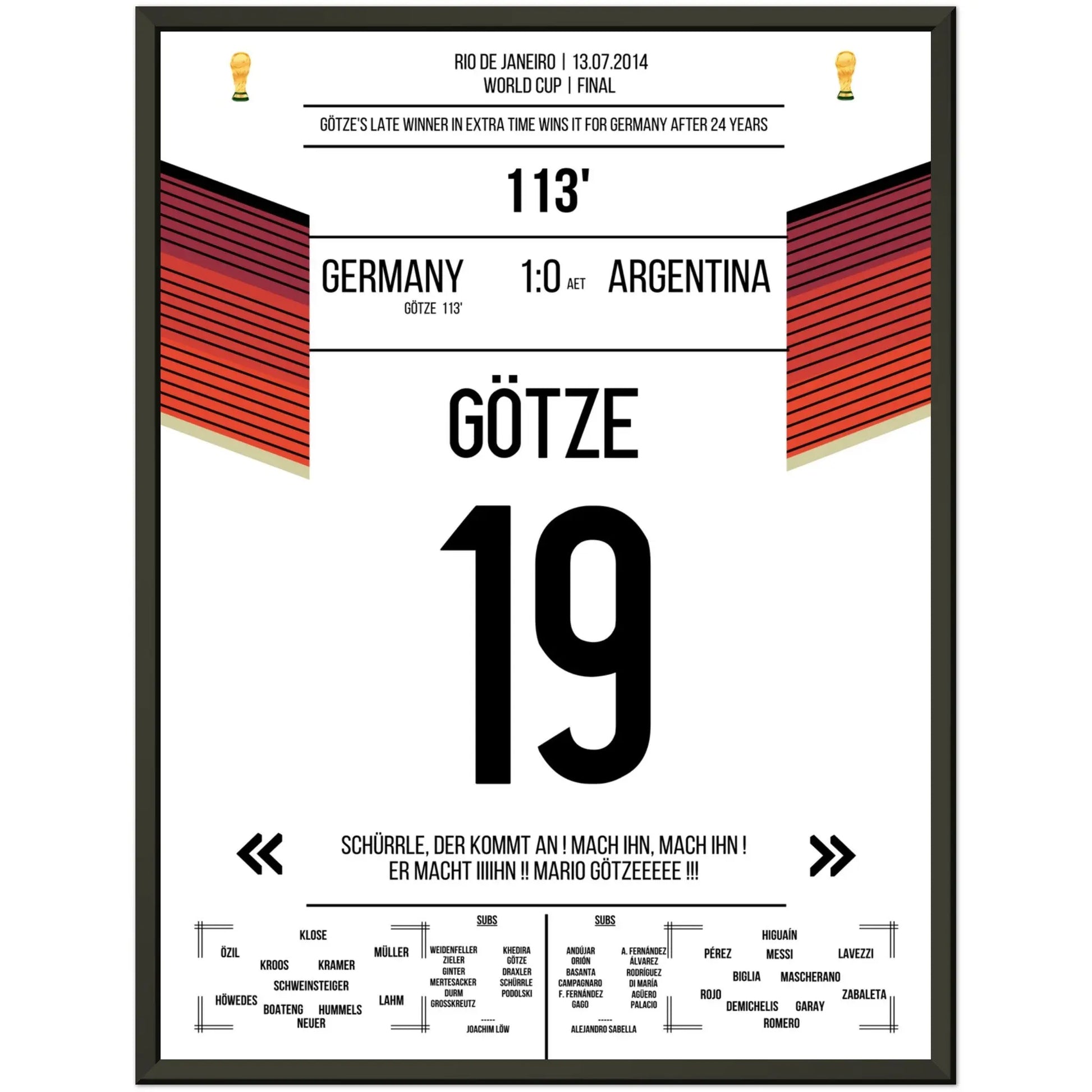 Götzes Tor zum WM-Triumph Deutschlands gegen Argentinien WM Finale 2014 45x60-cm-18x24-Schwarzer-Aluminiumrahmen