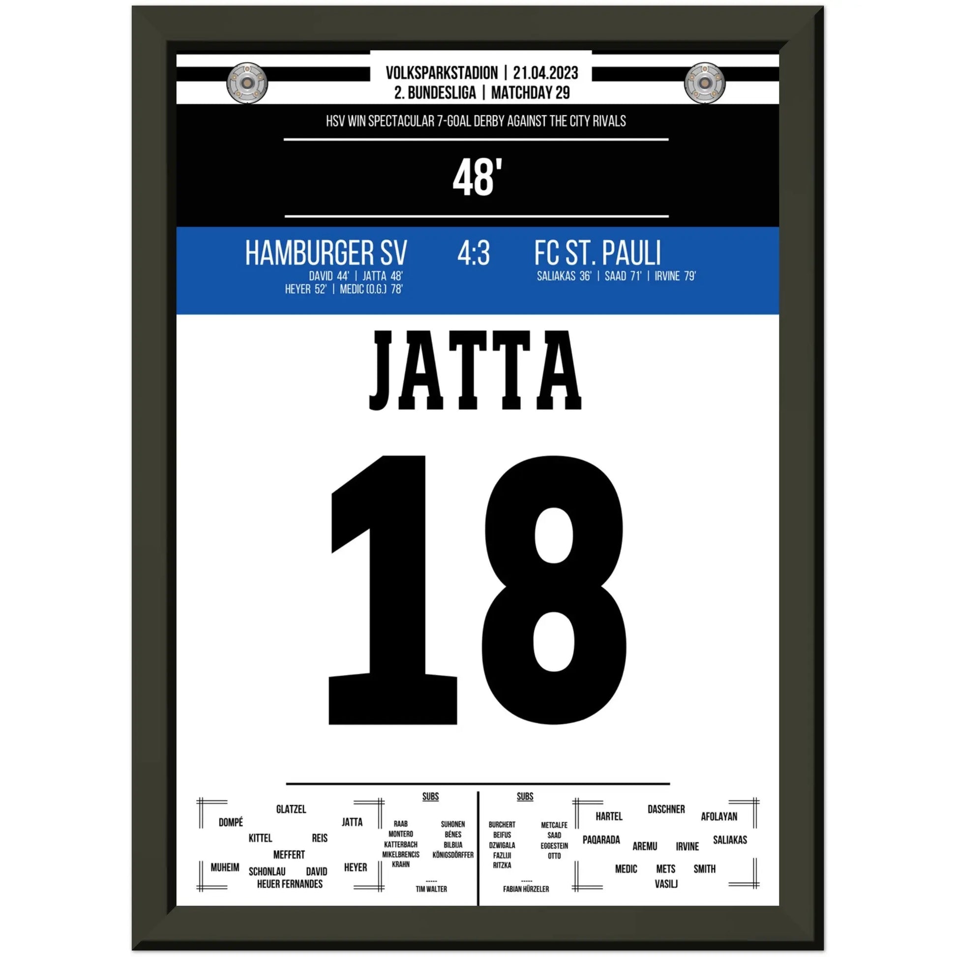 Jatta's Tor in wildem Derby-Sieg gegen St. Pauli A4-21x29.7-cm-8x12-Schwarzer-Aluminiumrahmen