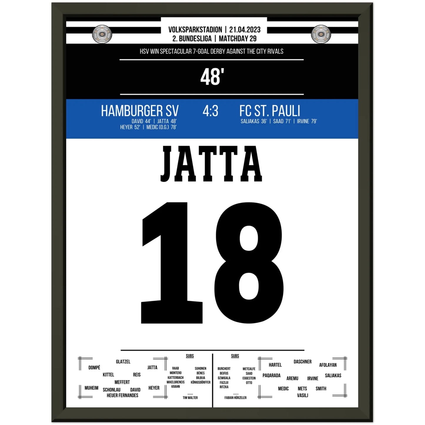 Jatta's Tor in wildem Derby-Sieg gegen St. Pauli 30x40-cm-12x16-Schwarzer-Aluminiumrahmen
