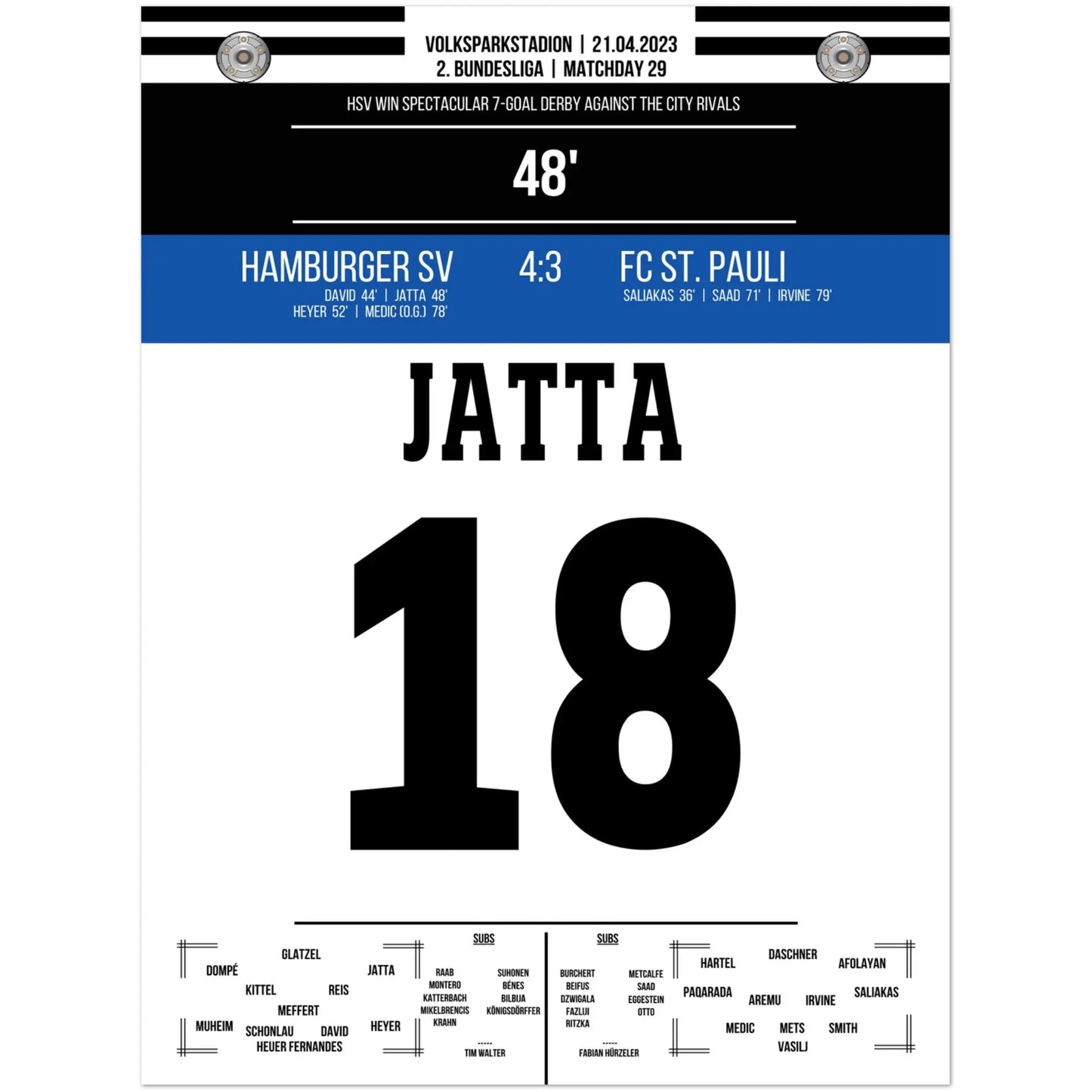 Jatta's Tor in wildem Derby-Sieg gegen St. Pauli 45x60-cm-18x24-Ohne-Rahmen
