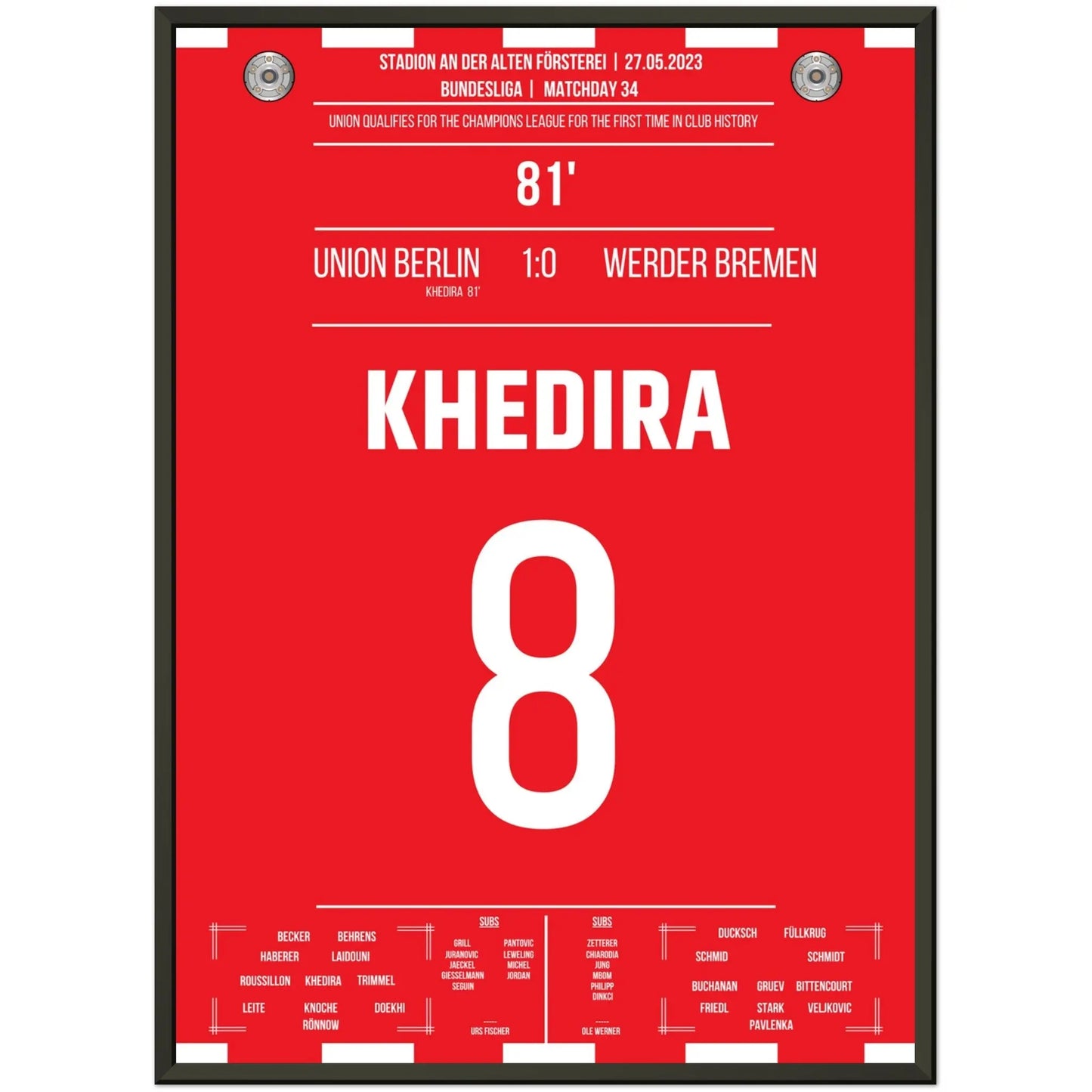 Khedira trifft zum Einzug in die Champions League 2023 50x70-cm-20x28-Schwarzer-Aluminiumrahmen