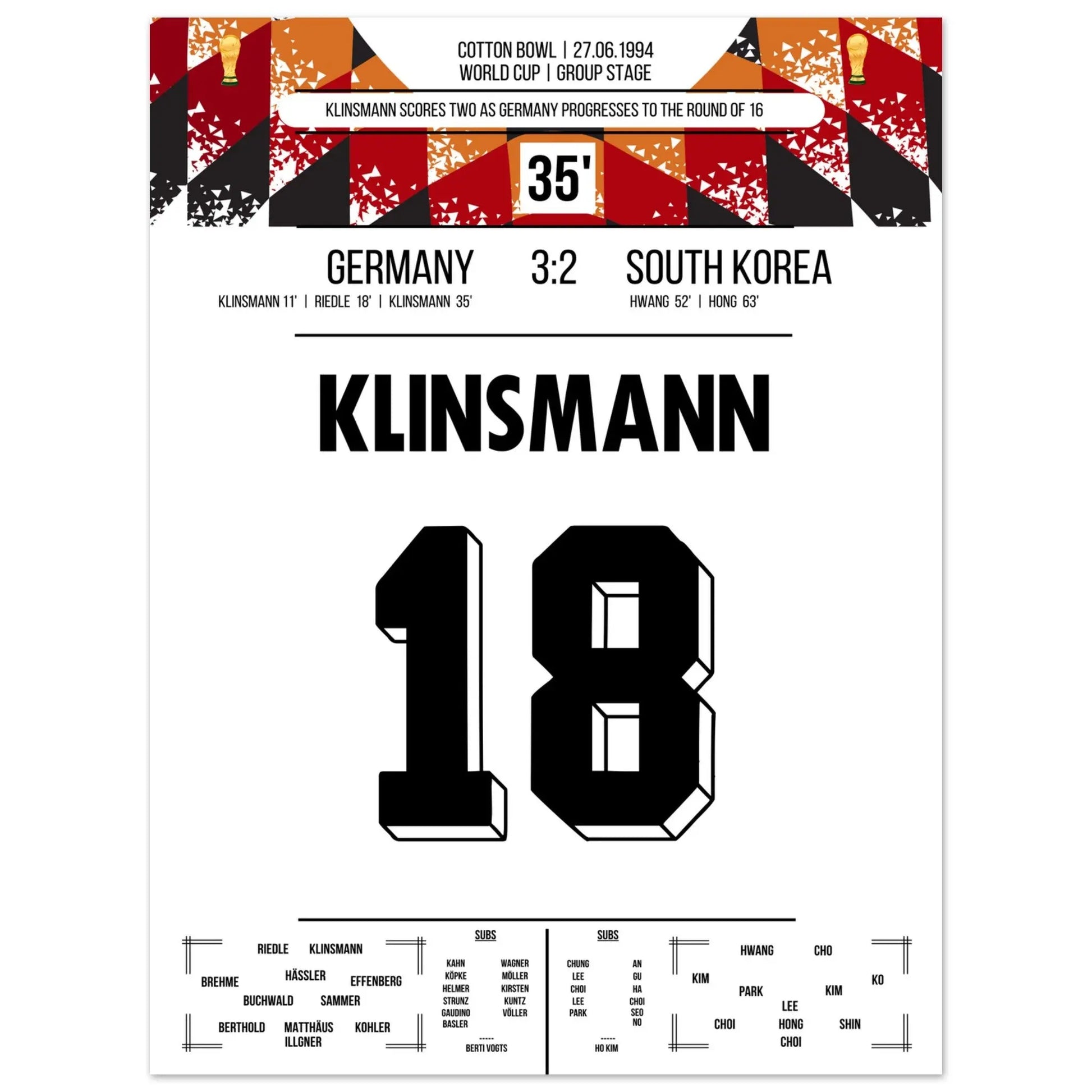 Klinsmann schießt Deutschland mit Doppelpack ins Achtelfinale der WM 1994 30x40-cm-12x16-Ohne-Rahmen