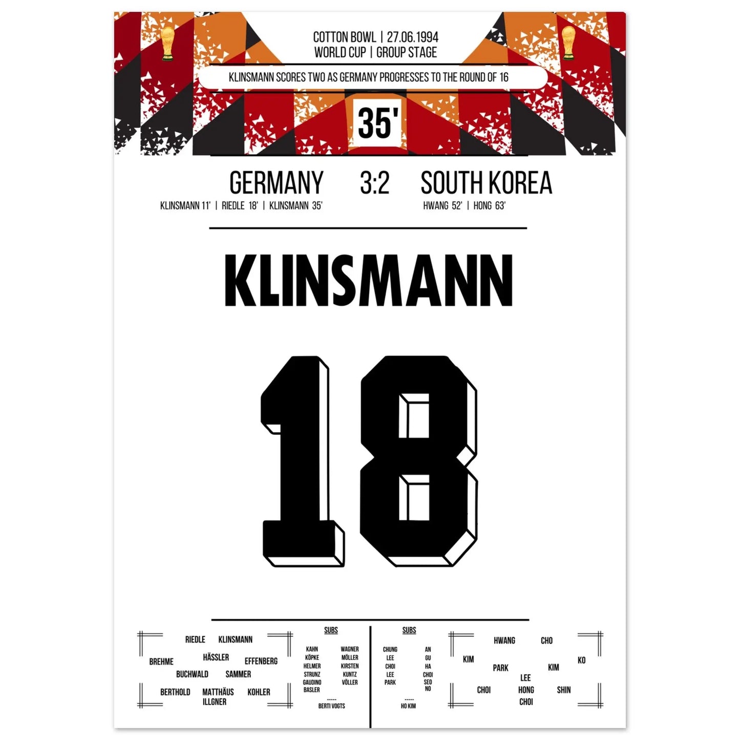 Klinsmann schießt Deutschland mit Doppelpack ins Achtelfinale der WM 1994 50x70-cm-20x28-Ohne-Rahmen