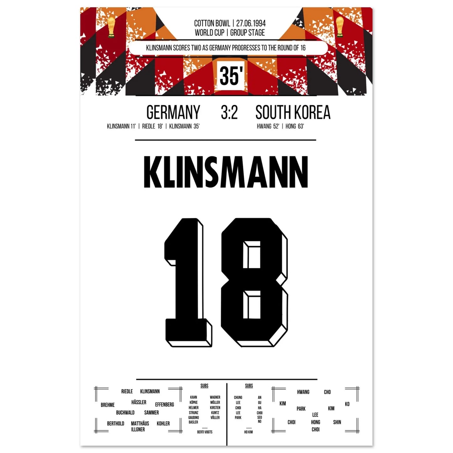 Klinsmann schießt Deutschland mit Doppelpack ins Achtelfinale der WM 1994 60x90-cm-24x36-Ohne-Rahmen