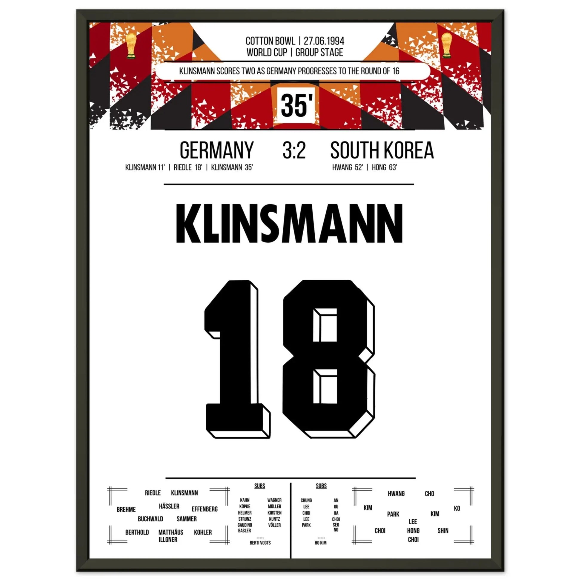 Klinsmann schießt Deutschland mit Doppelpack ins Achtelfinale der WM 1994 45x60-cm-18x24-Schwarzer-Aluminiumrahmen