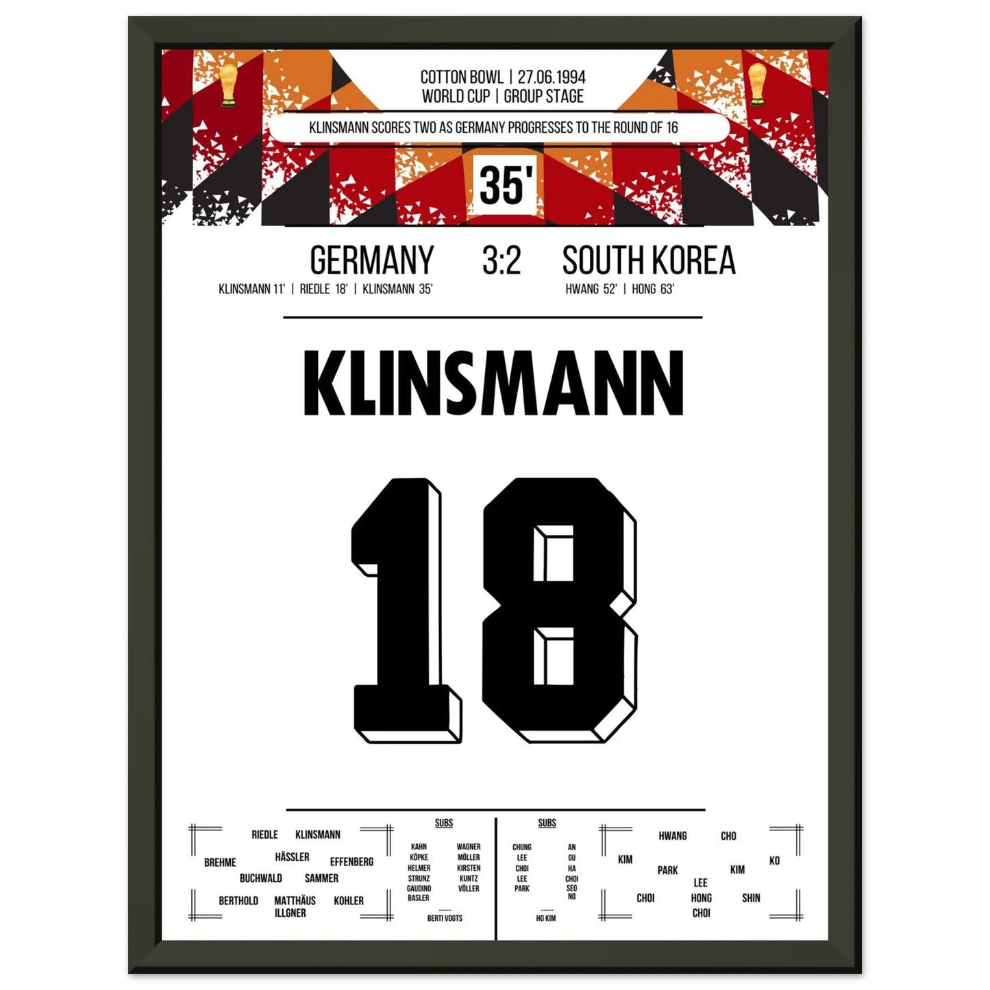 Klinsmann schießt Deutschland mit Doppelpack ins Achtelfinale der WM 1994 30x40-cm-12x16-Schwarzer-Aluminiumrahmen