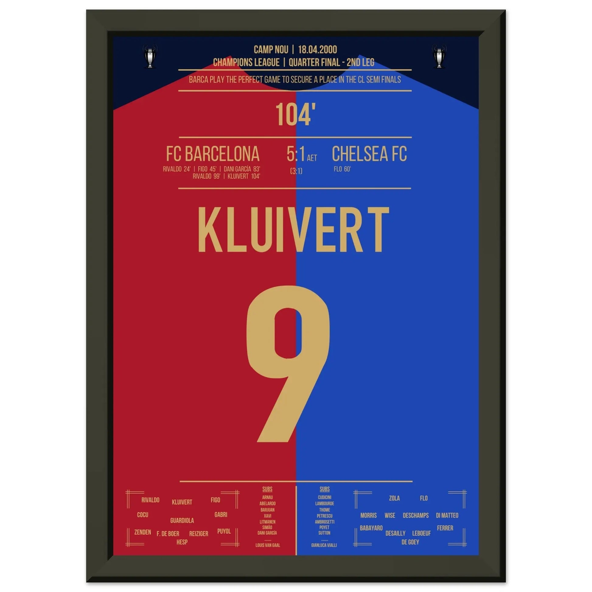Kluivert's Tor in Barca's "Remontada" gegen Chelsea in 2000 A4-21x29.7-cm-8x12-Schwarzer-Aluminiumrahmen