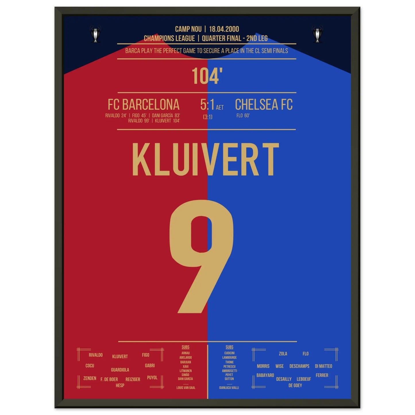 Kluivert's Tor in Barca's "Remontada" gegen Chelsea in 2000 45x60-cm-18x24-Schwarzer-Aluminiumrahmen