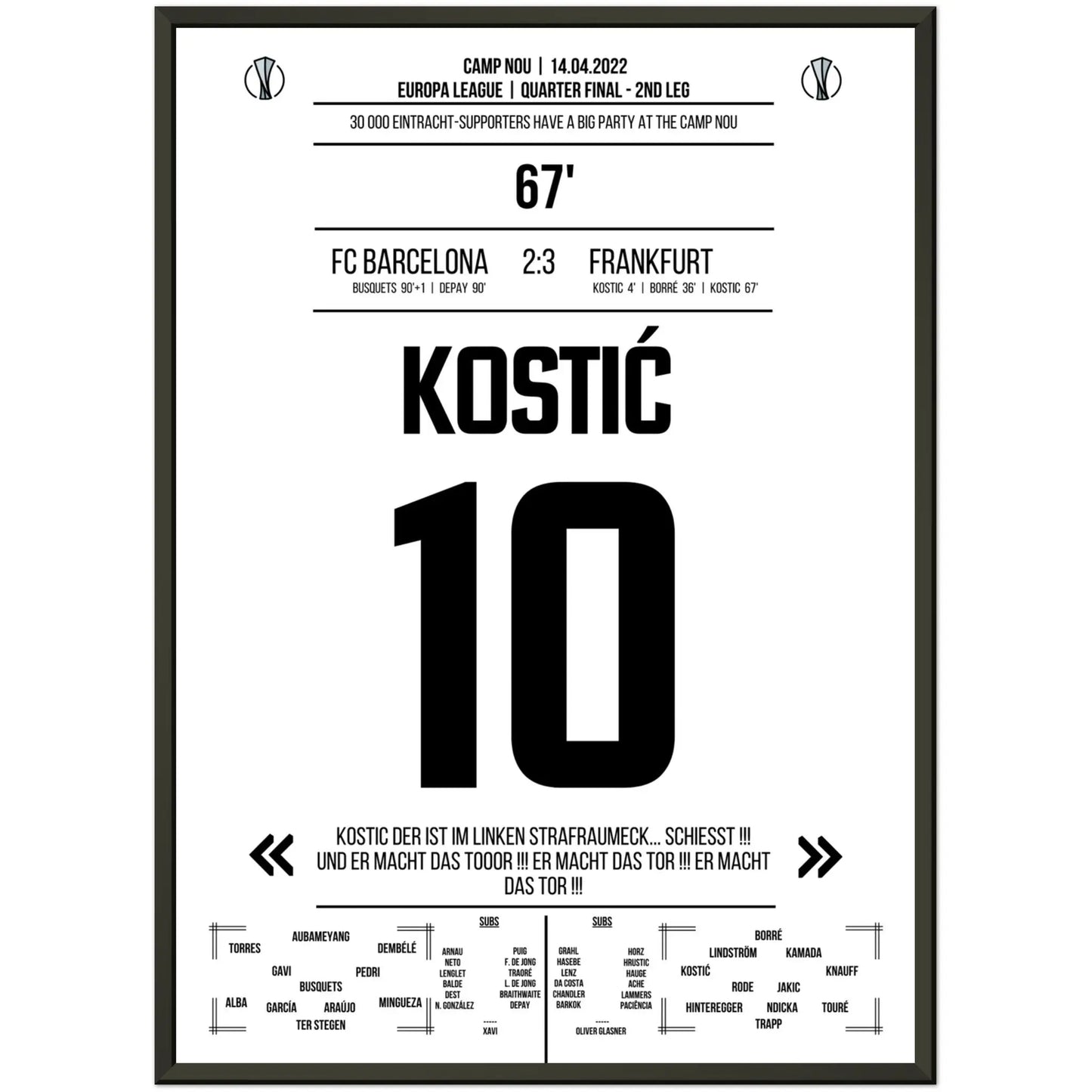 Kostic's Galavorstellung bei Frankfurt's großer Party im Camp Nou 50x70-cm-20x28-Schwarzer-Aluminiumrahmen