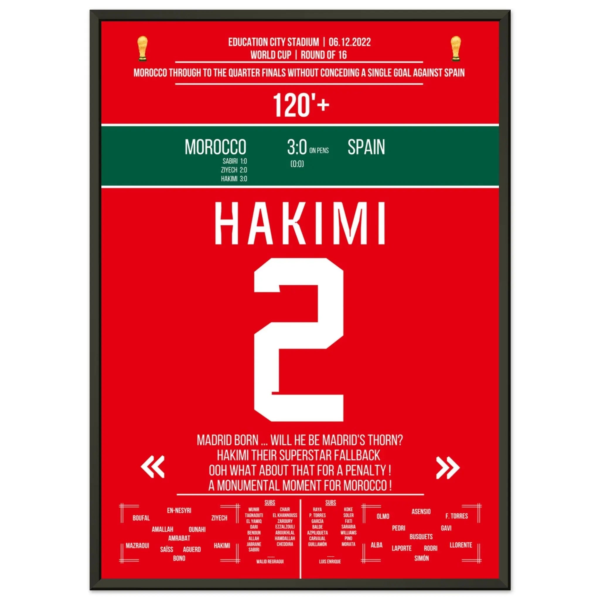 Marokko schafft die Sensation gegen Spanien bei der WM 2022 50x70-cm-20x28-Schwarzer-Aluminiumrahmen