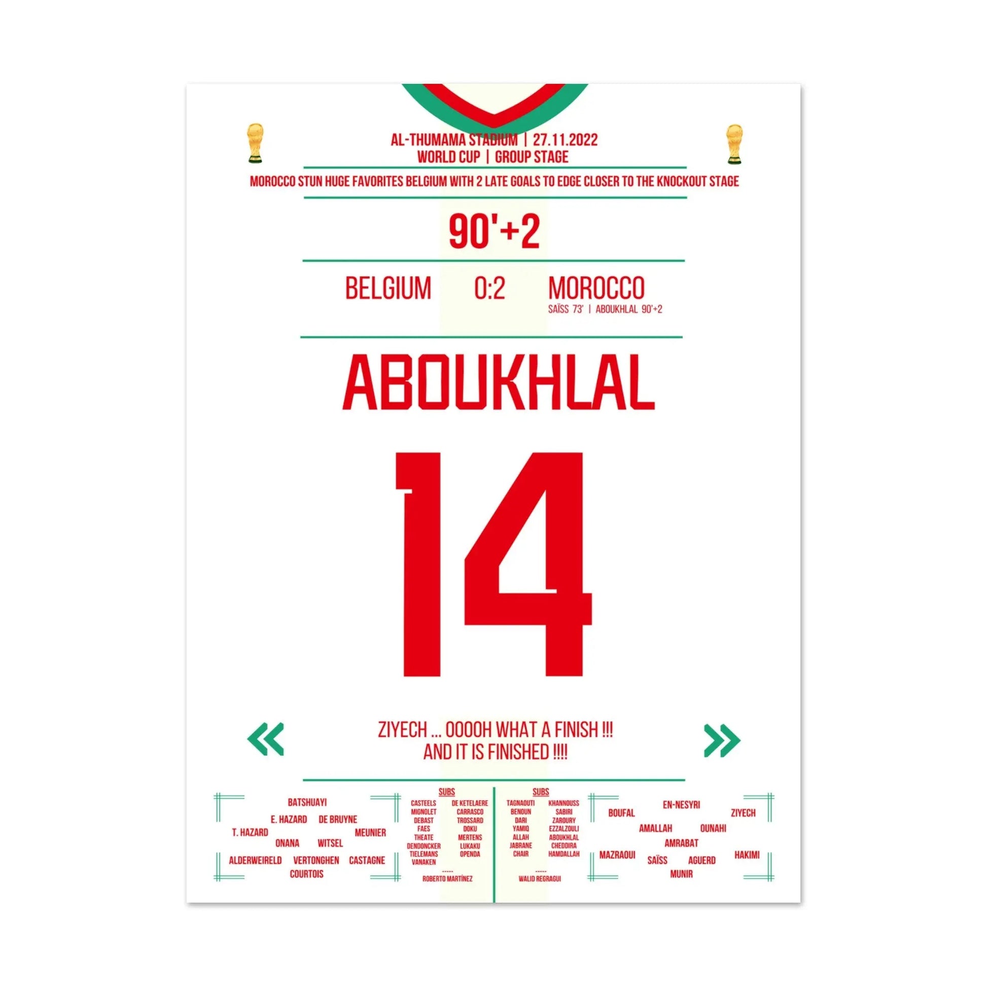 Marokkos Sieg gegen Favorit Belgien in der Gruppenphase der WM 2022 45x60-cm-18x24-Ohne-Rahmen
