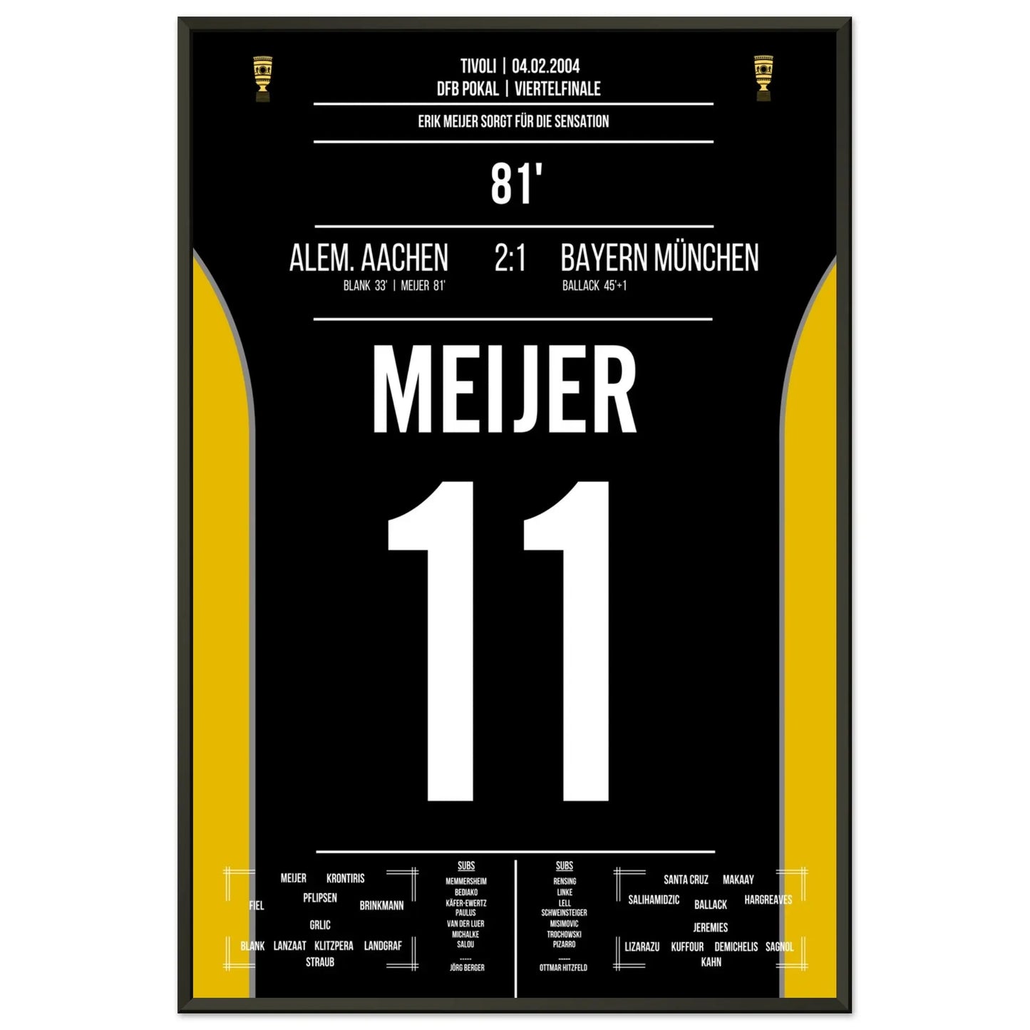Meijer köpft Aachen zur Pokalsensation gegen Bayern 2004 60x90-cm-24x36-Schwarzer-Aluminiumrahmen