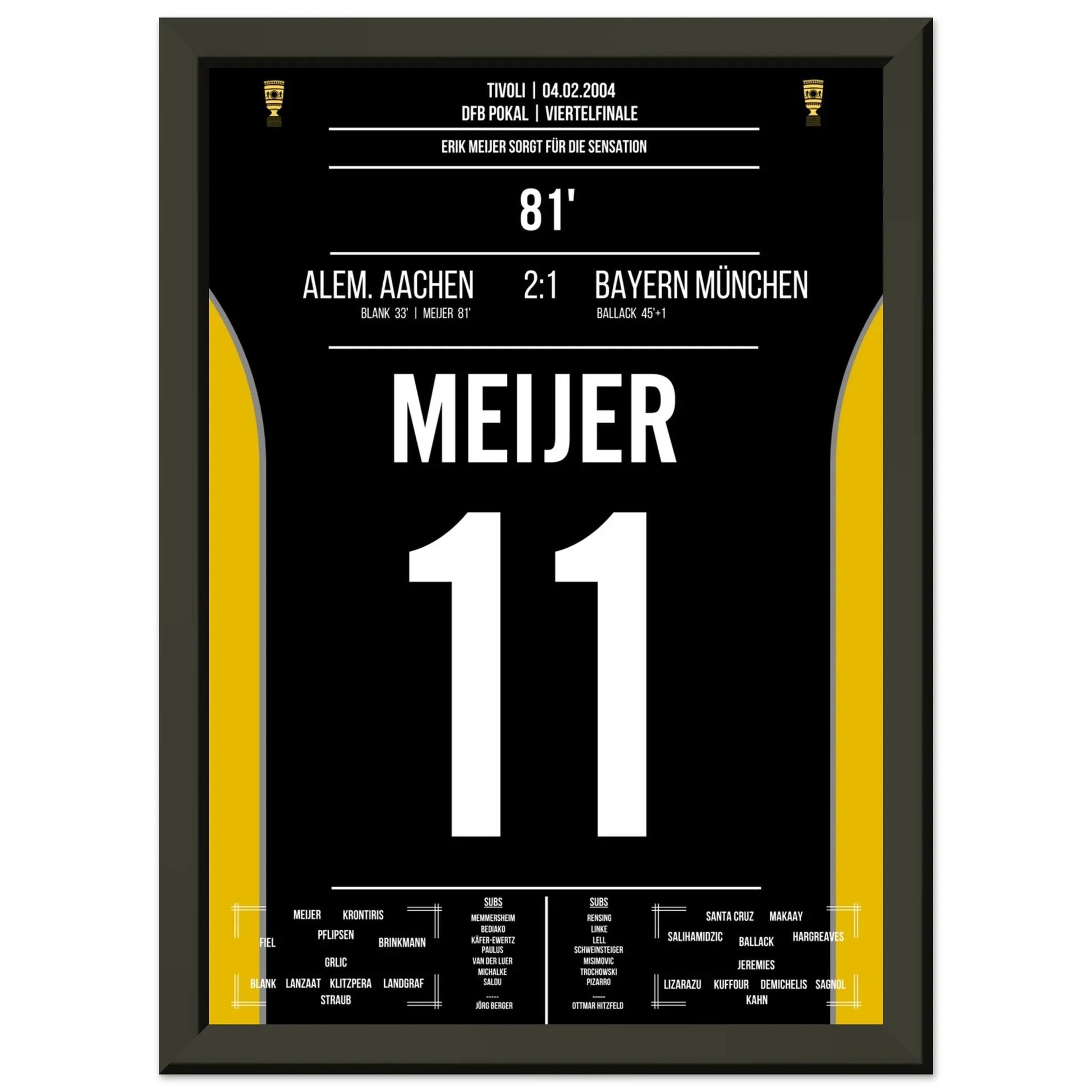 Meijer köpft Aachen zur Pokalsensation gegen Bayern 2004 A4-21x29.7-cm-8x12-Schwarzer-Aluminiumrahmen