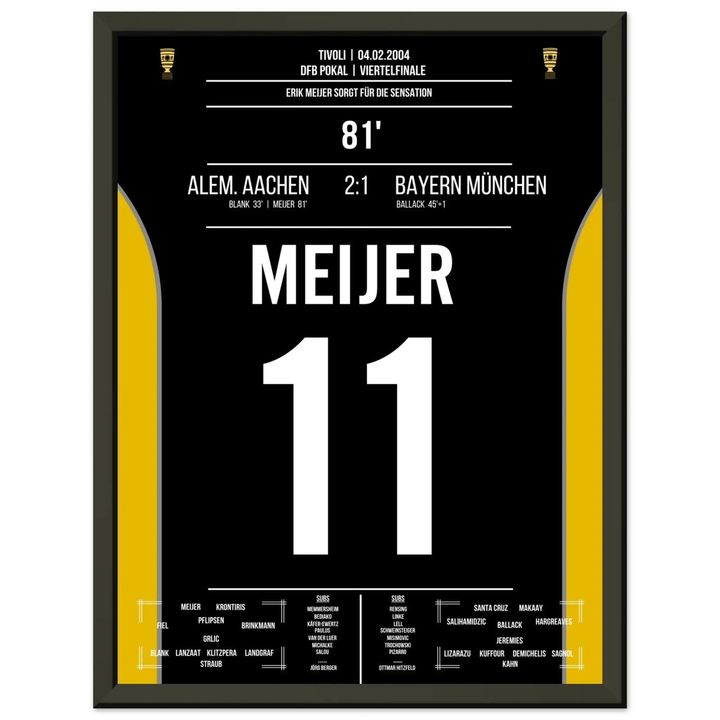 Meijer köpft Aachen zur Pokalsensation gegen Bayern 2004 30x40-cm-12x16-Schwarzer-Aluminiumrahmen