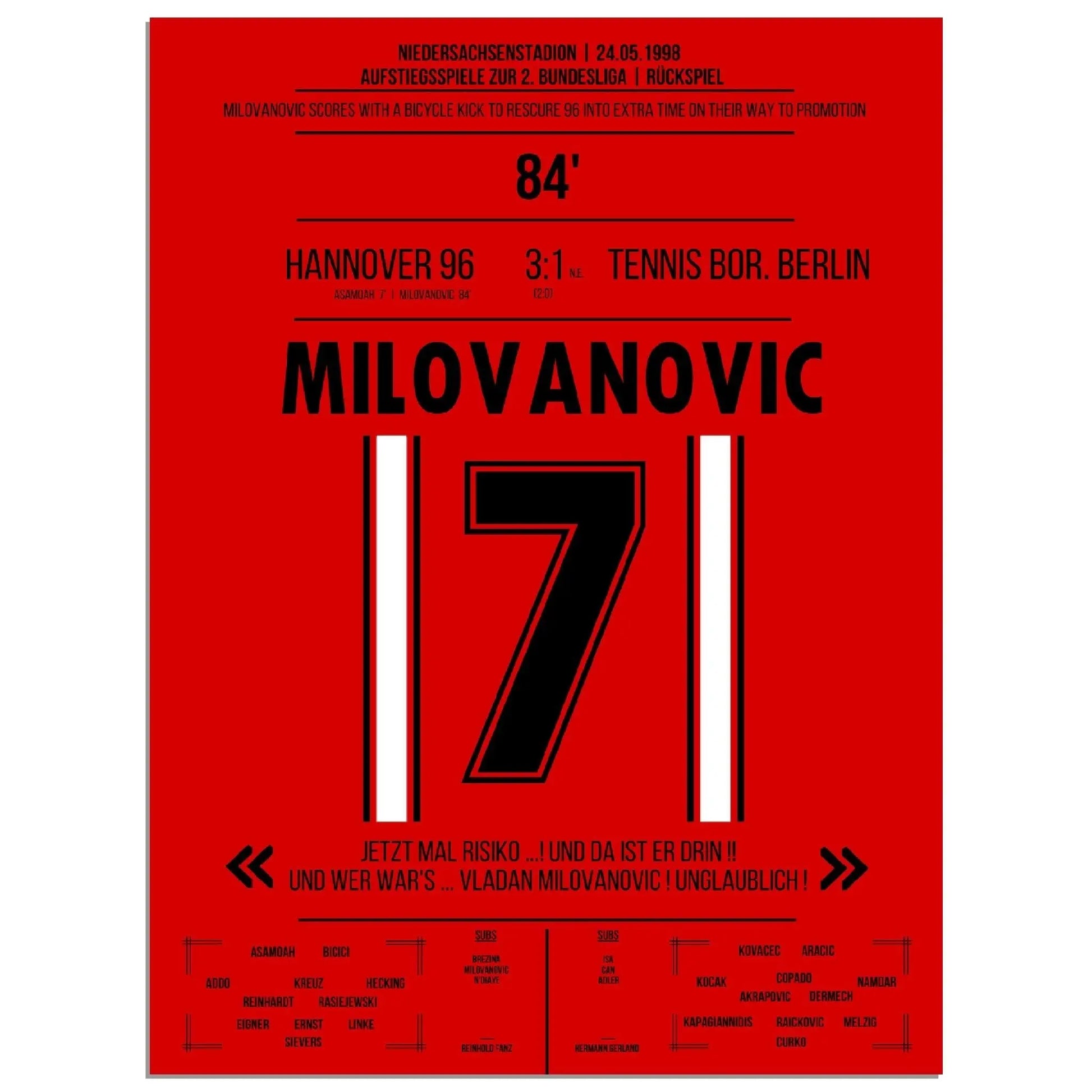 Milovanovic Fallrückzieher bei Hannover's  Rückkehr in die 2. Bundesliga 1998 