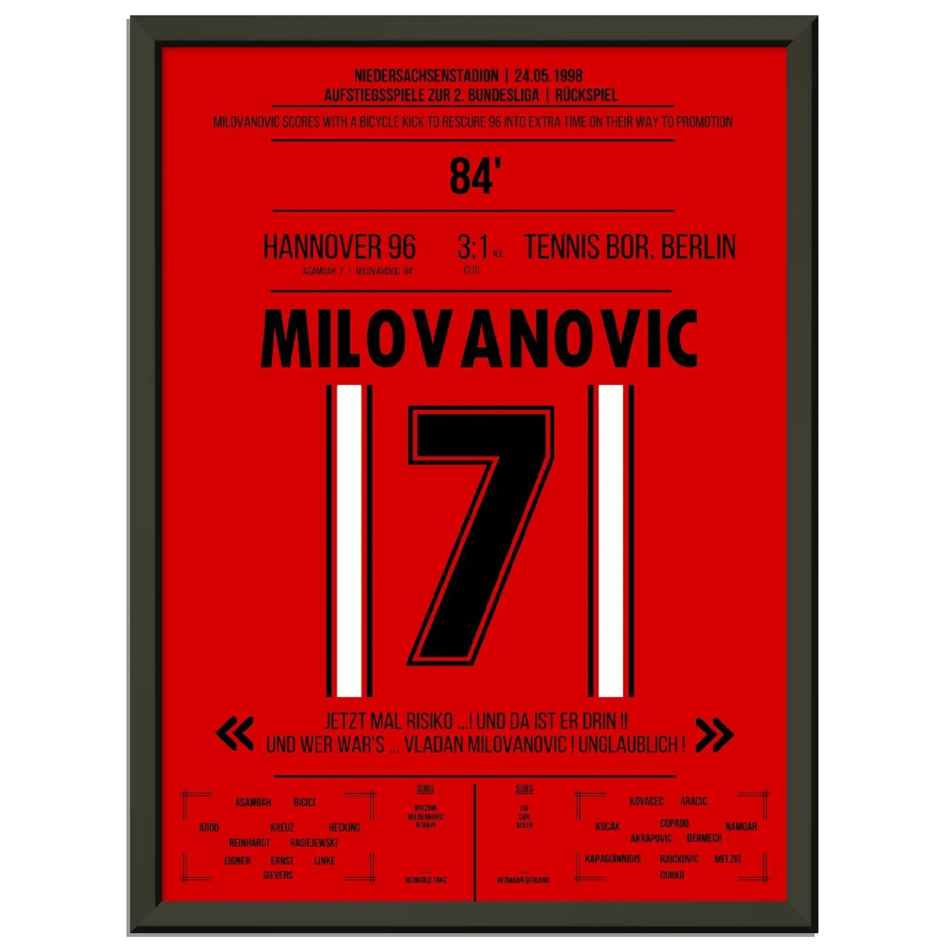 Milovanovic Fallrückzieher bei Hannover's  Rückkehr in die 2. Bundesliga 1998 