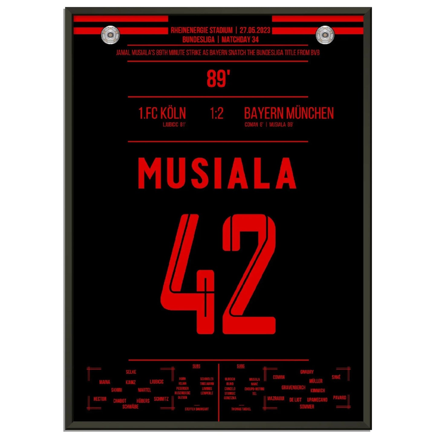 Musiala's Traumtor zur 11. Meisterschaft in Folge 2023 50x70-cm-20x28-Schwarzer-Aluminiumrahmen
