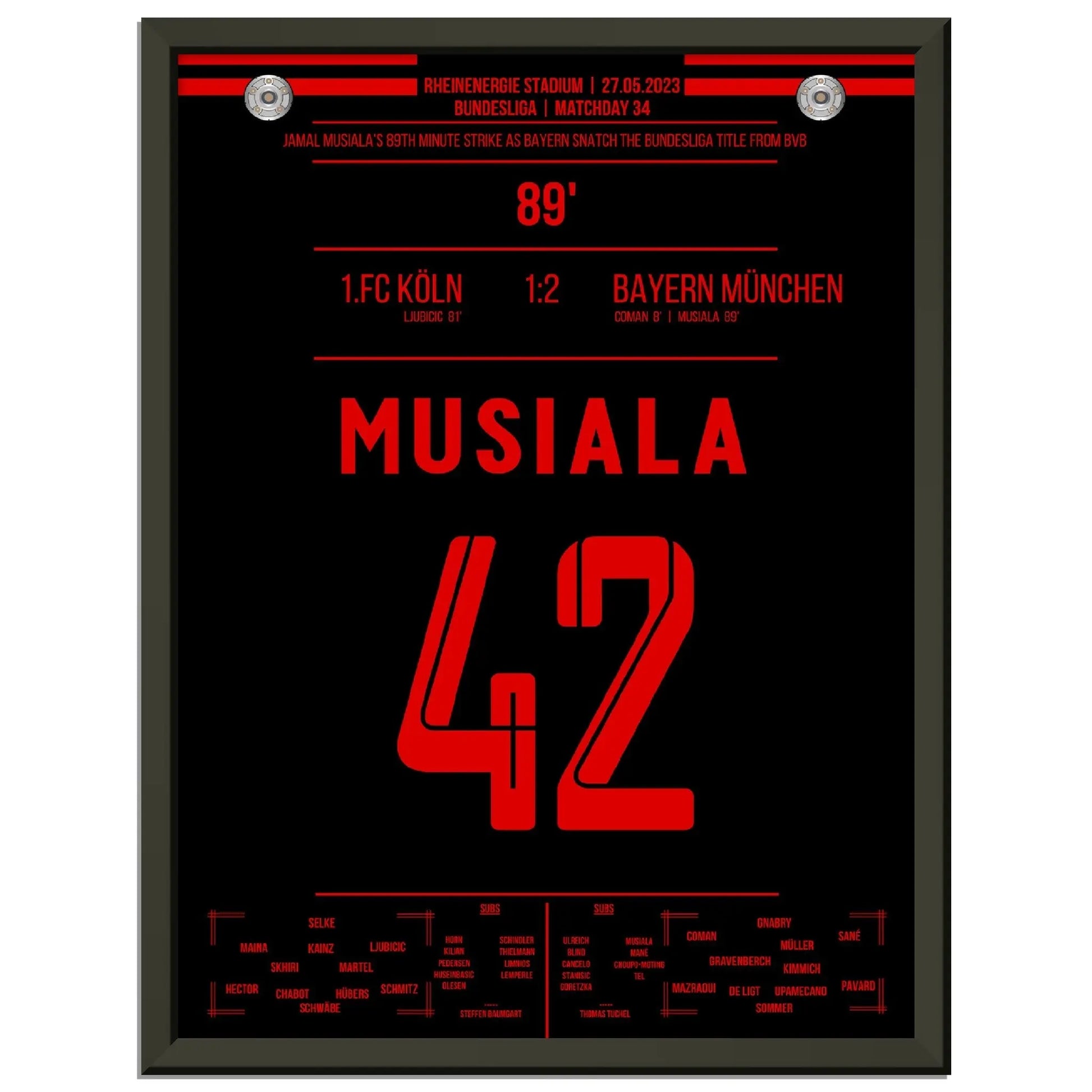 Musiala's Traumtor zur 11. Meisterschaft in Folge 2023 30x40-cm-12x16-Schwarzer-Aluminiumrahmen