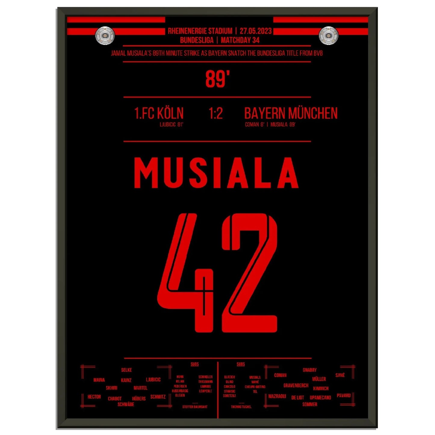 Musiala's Traumtor zur 11. Meisterschaft in Folge 2023 45x60-cm-18x24-Schwarzer-Aluminiumrahmen