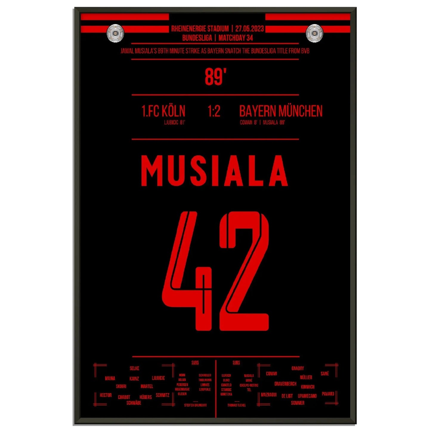 Musiala's Traumtor zur 11. Meisterschaft in Folge 2023 60x90-cm-24x36-Schwarzer-Aluminiumrahmen