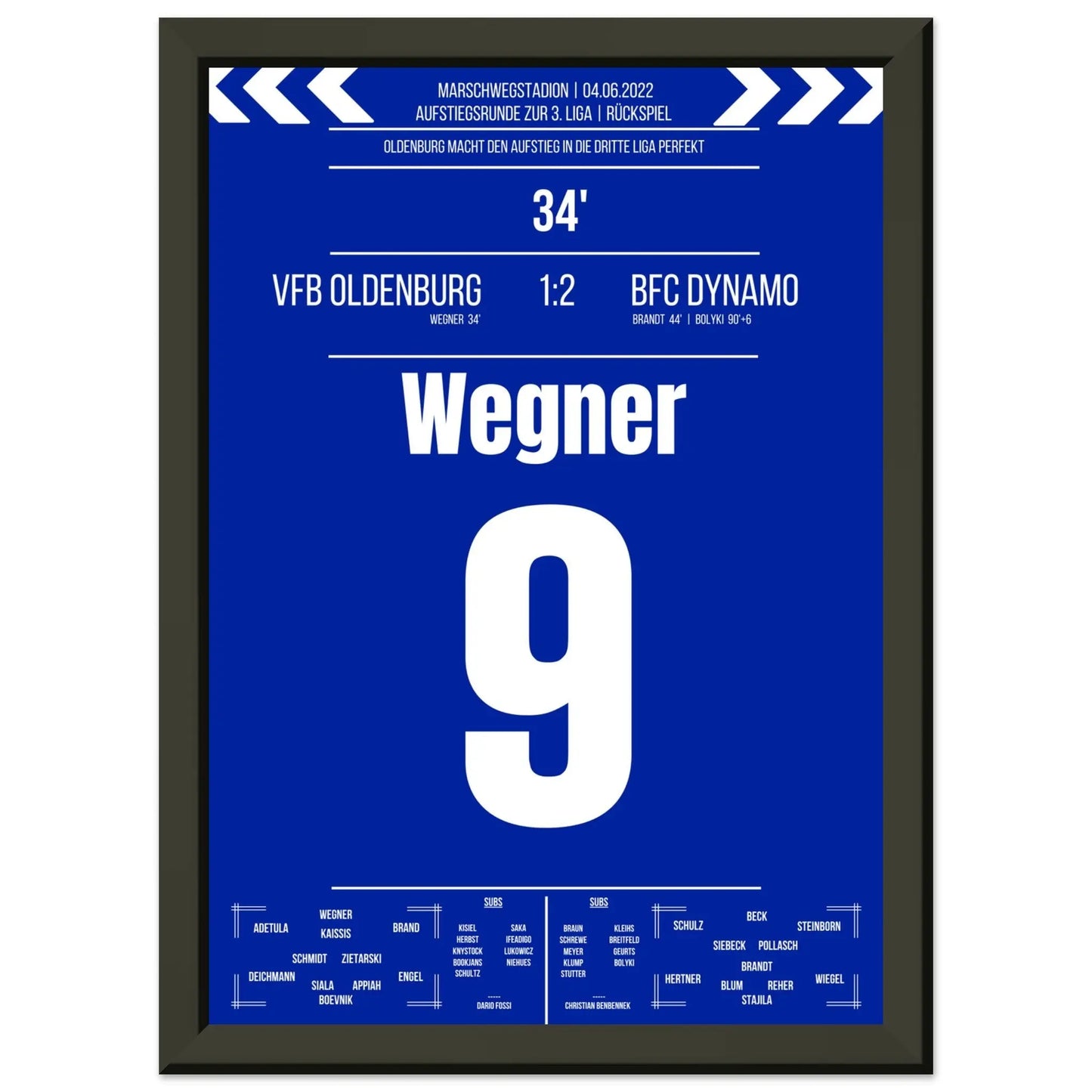 Oldenburg's Aufstieg in die 3. Liga in 2022 A4-21x29.7-cm-8x12-Schwarzer-Aluminiumrahmen