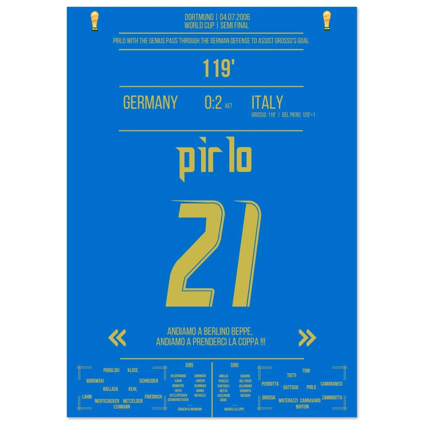 La passe de rêve de Pirlo traverse la défense allemande pour porter le score à 1-0 grâce à Grosso