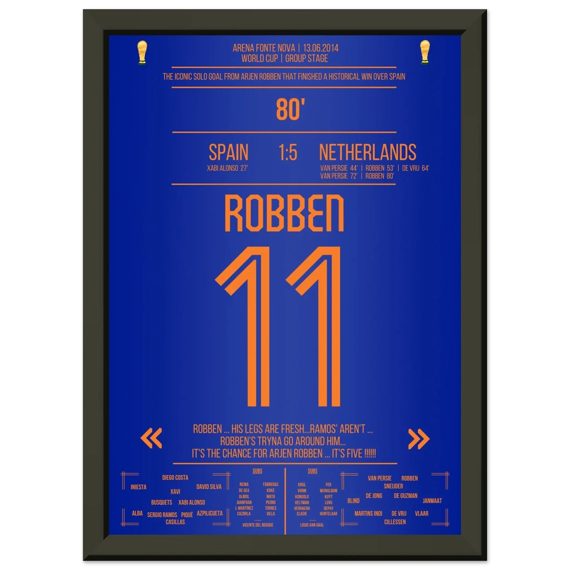 Robben's Solo-Tor gegen Spanien bei der Weltmeisterschaft 2014 A4-21x29.7-cm-8x12-Schwarzer-Aluminiumrahmen