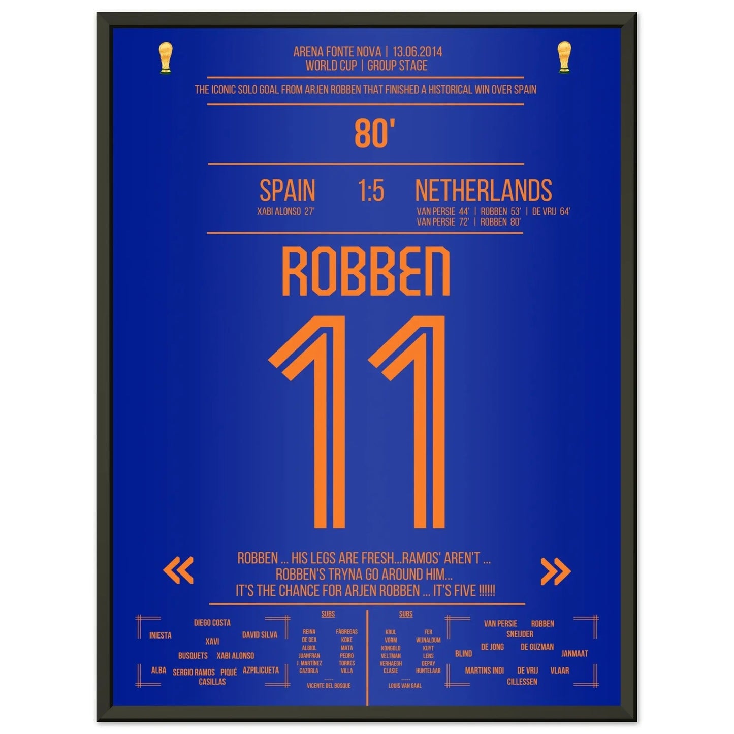 Robben's Solo-Tor gegen Spanien bei der Weltmeisterschaft 2014 45x60-cm-18x24-Schwarzer-Aluminiumrahmen