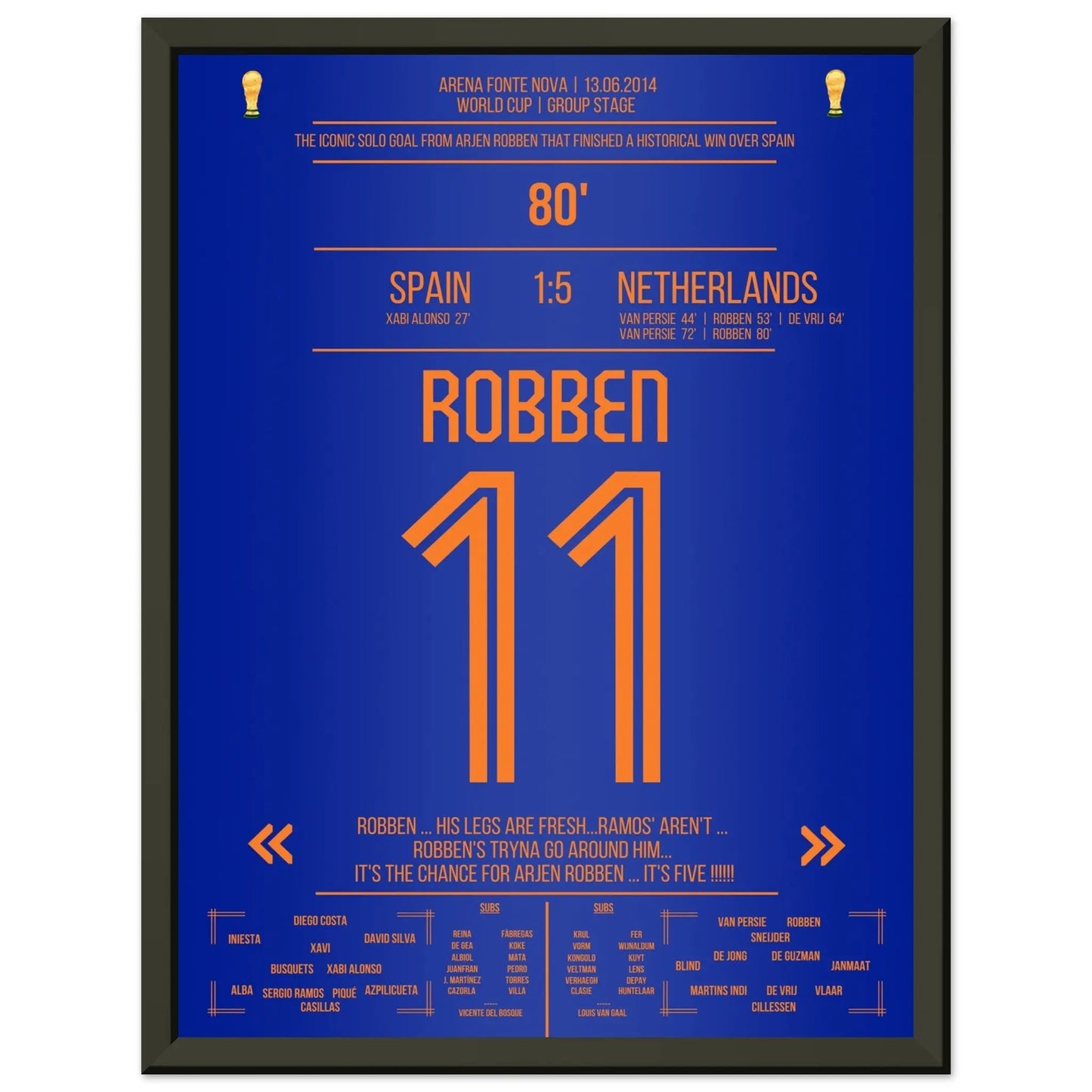 Robben's Solo-Tor gegen Spanien bei der Weltmeisterschaft 2014 30x40-cm-12x16-Schwarzer-Aluminiumrahmen