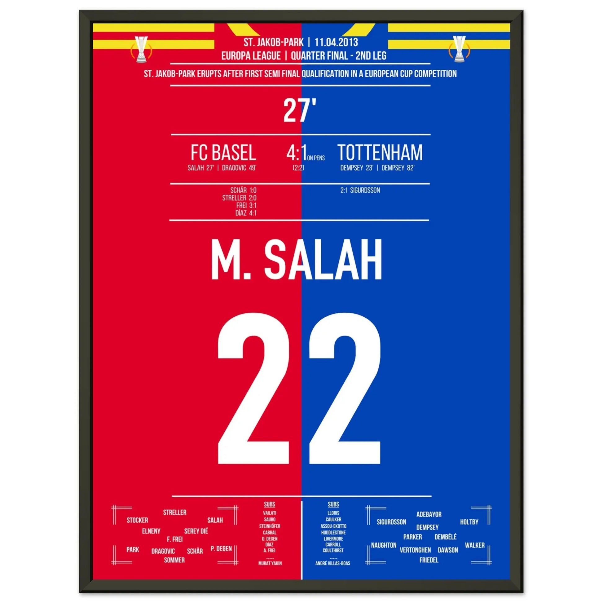 Salah's Treffer in Basel's größtem Europapokal-Erfolg der Vereinsgeschichte 45x60-cm-18x24-Schwarzer-Aluminiumrahmen