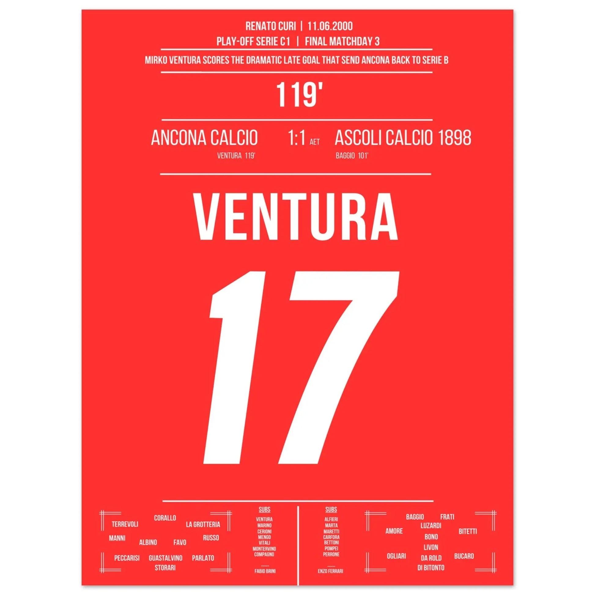 Ventura's Tor zum Aufstieg von Ancona gegen Ascoli in 2000 30x40-cm-12x16-Ohne-Rahmen