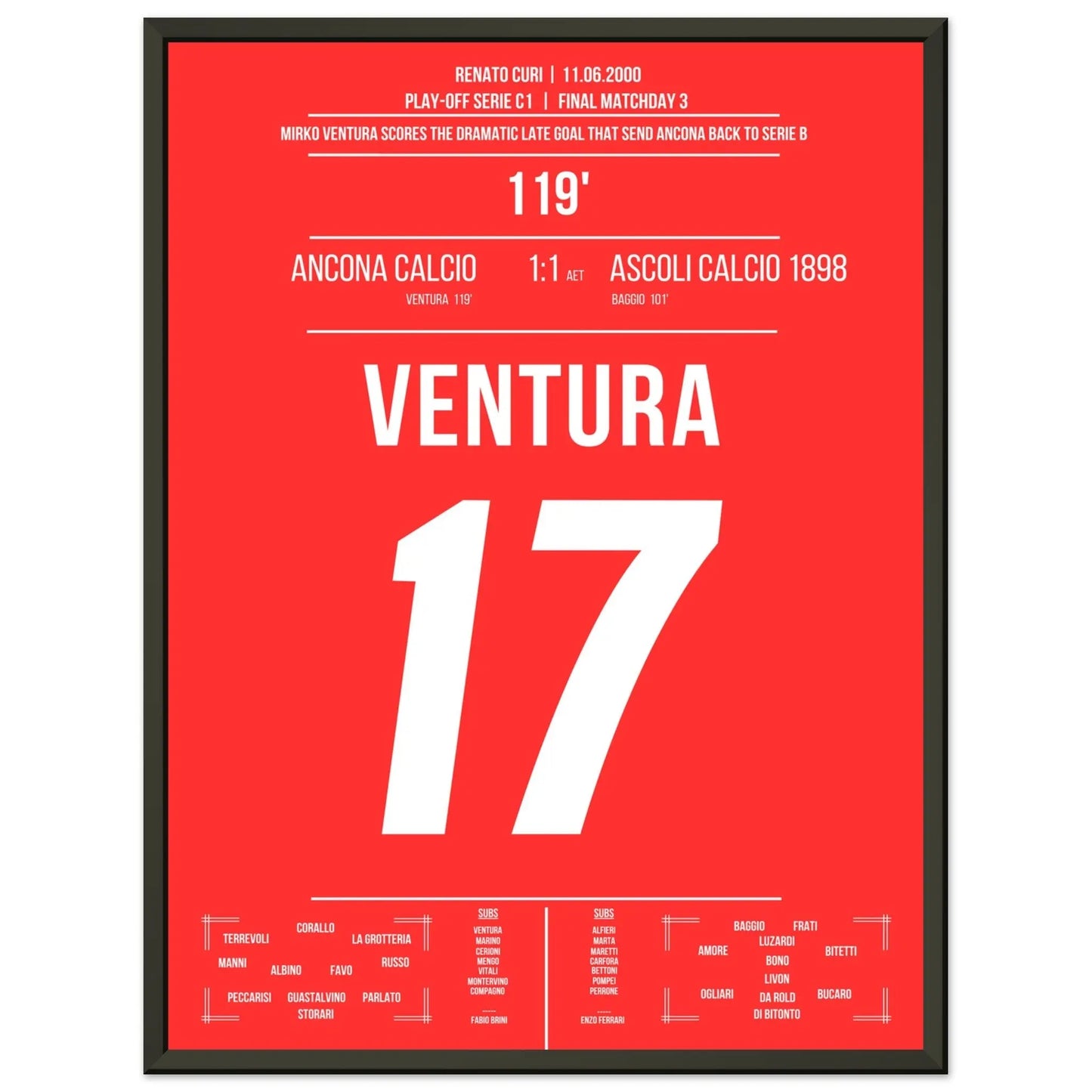 Ventura's Tor zum Aufstieg von Ancona gegen Ascoli in 2000 45x60-cm-18x24-Schwarzer-Aluminiumrahmen