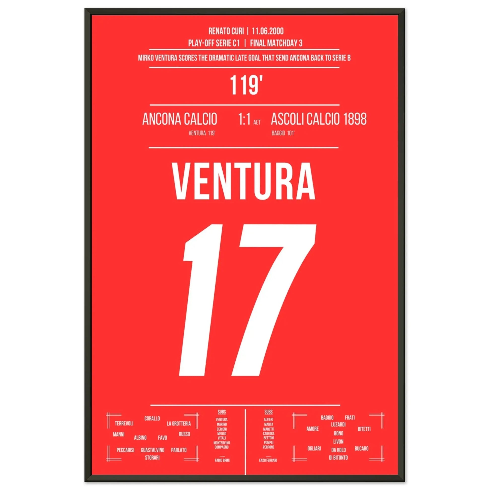 Ventura's Tor zum Aufstieg von Ancona gegen Ascoli in 2000 60x90-cm-24x36-Schwarzer-Aluminiumrahmen