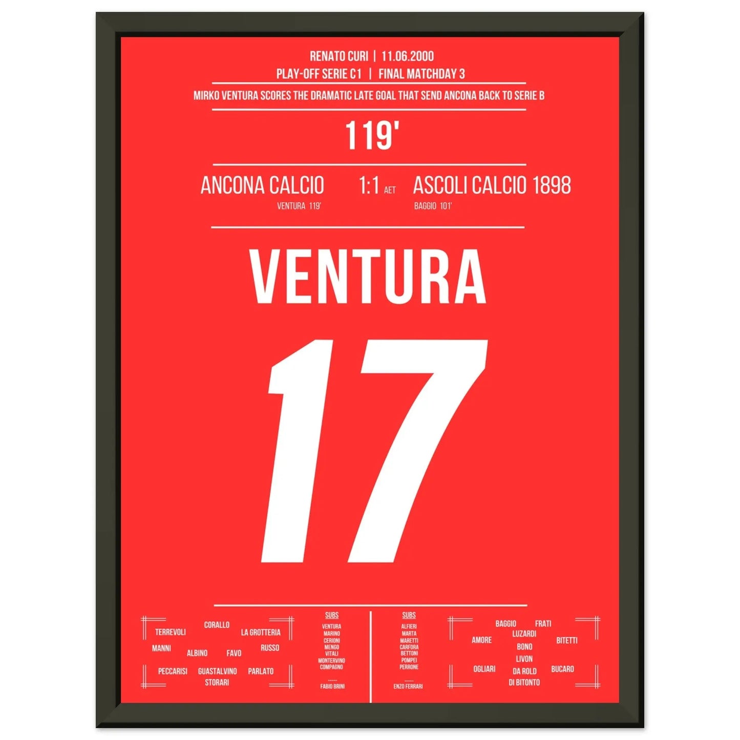 Ventura's Tor zum Aufstieg von Ancona gegen Ascoli in 2000 30x40-cm-12x16-Schwarzer-Aluminiumrahmen