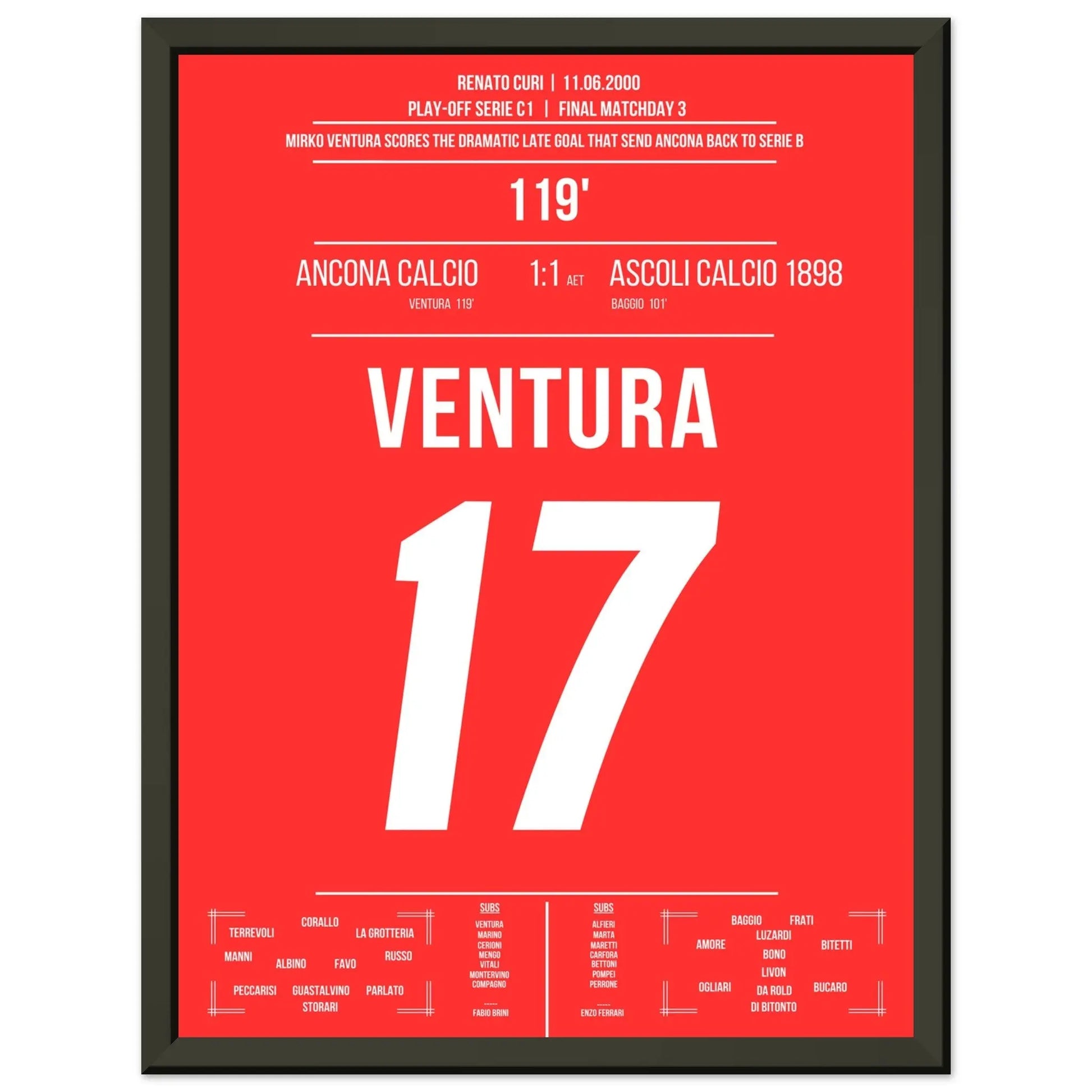 Ventura's Tor zum Aufstieg von Ancona gegen Ascoli in 2000 30x40-cm-12x16-Schwarzer-Aluminiumrahmen