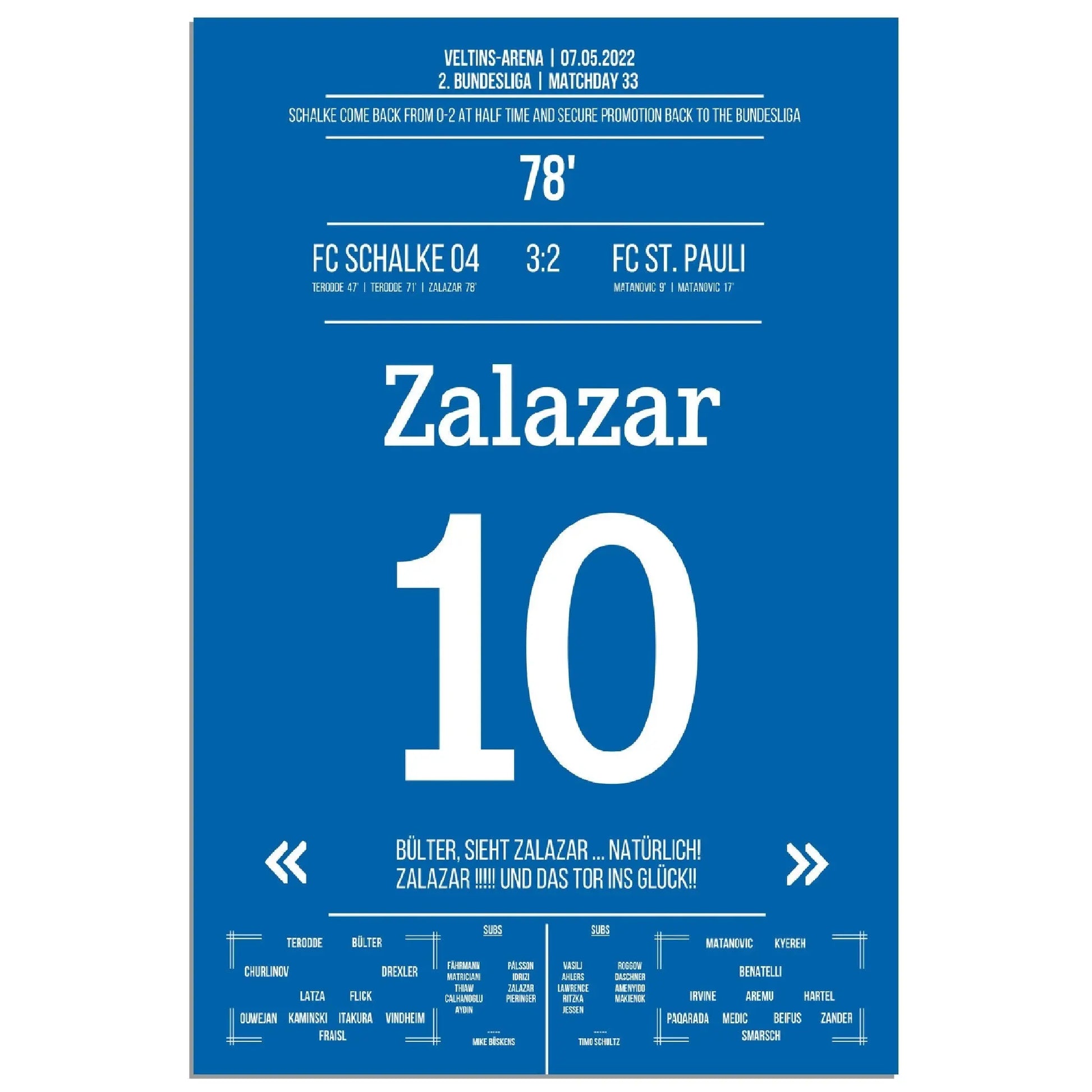 Zalazar trifft zum Wiederaufstieg am 33. Spieltag gegen St Pauli 60x90-cm-24x36-Ohne-Rahmen