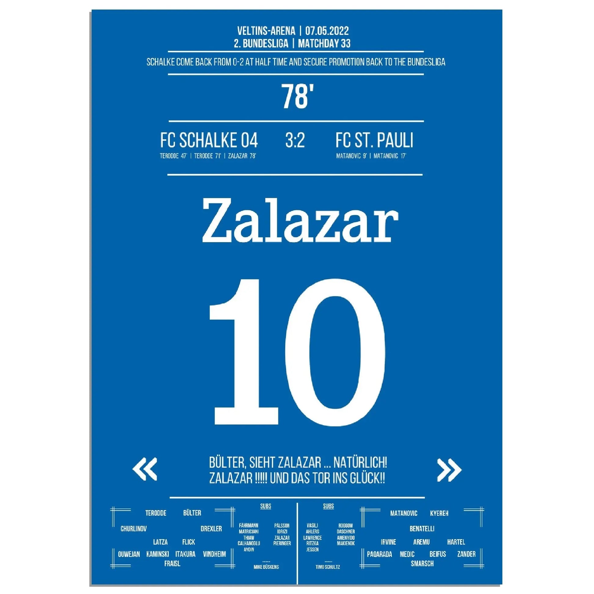 Zalazar trifft zum Wiederaufstieg am 33. Spieltag gegen St Pauli 50x70-cm-20x28-Ohne-Rahmen