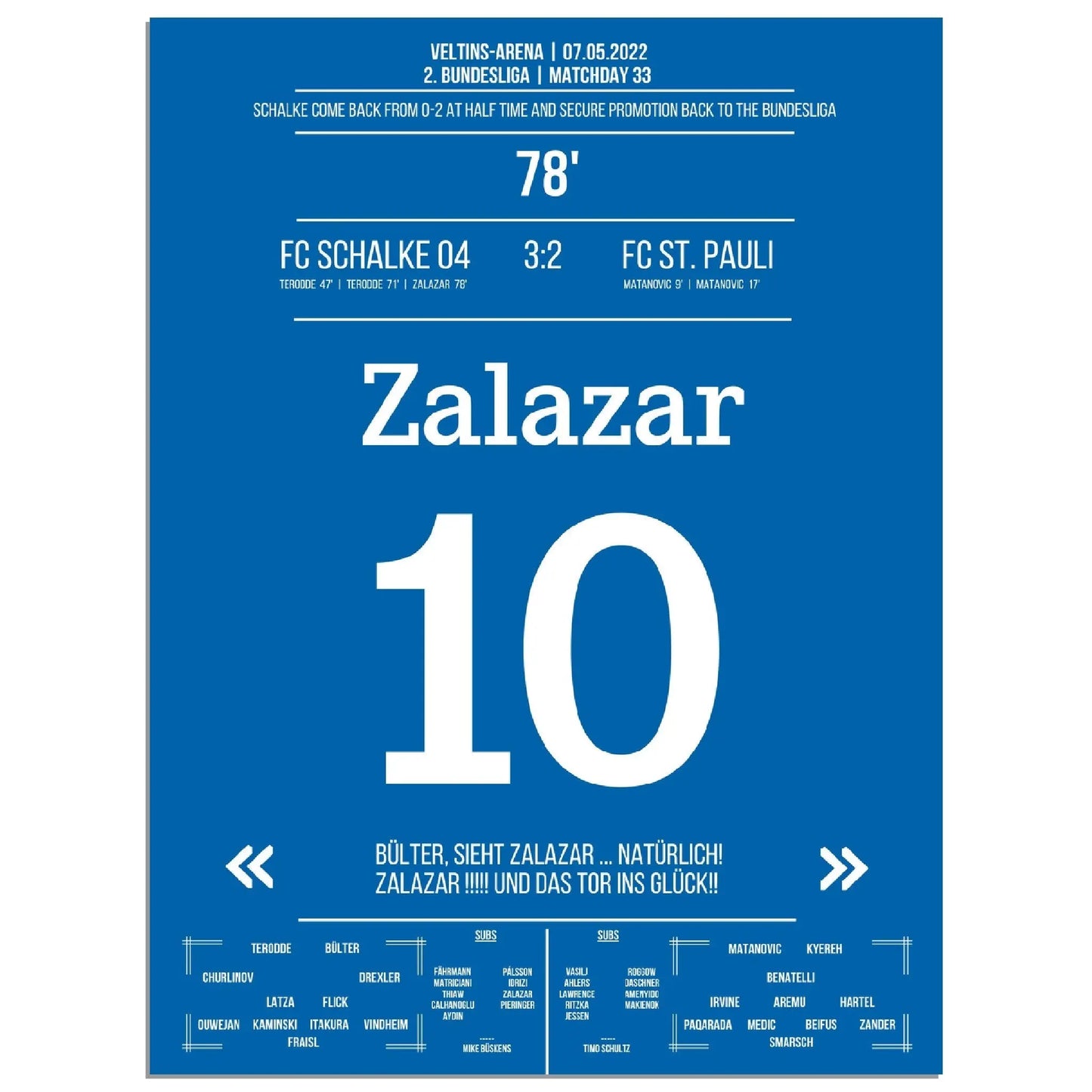 Zalazar trifft zum Wiederaufstieg am 33. Spieltag gegen St Pauli 30x40-cm-12x16-Ohne-Rahmen