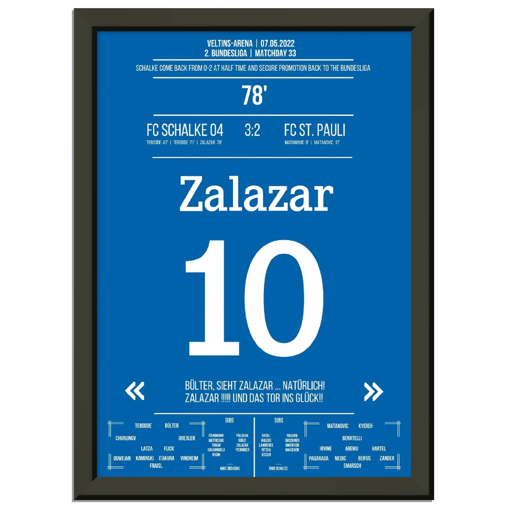 Zalazar trifft zum Wiederaufstieg am 33. Spieltag gegen St Pauli A4-21x29.7-cm-8x12-Schwarzer-Aluminiumrahmen