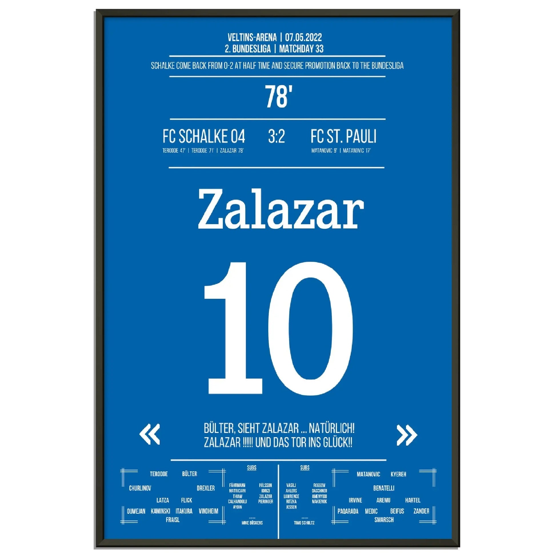 Zalazar trifft zum Wiederaufstieg am 33. Spieltag gegen St Pauli 60x90-cm-24x36-Schwarzer-Aluminiumrahmen