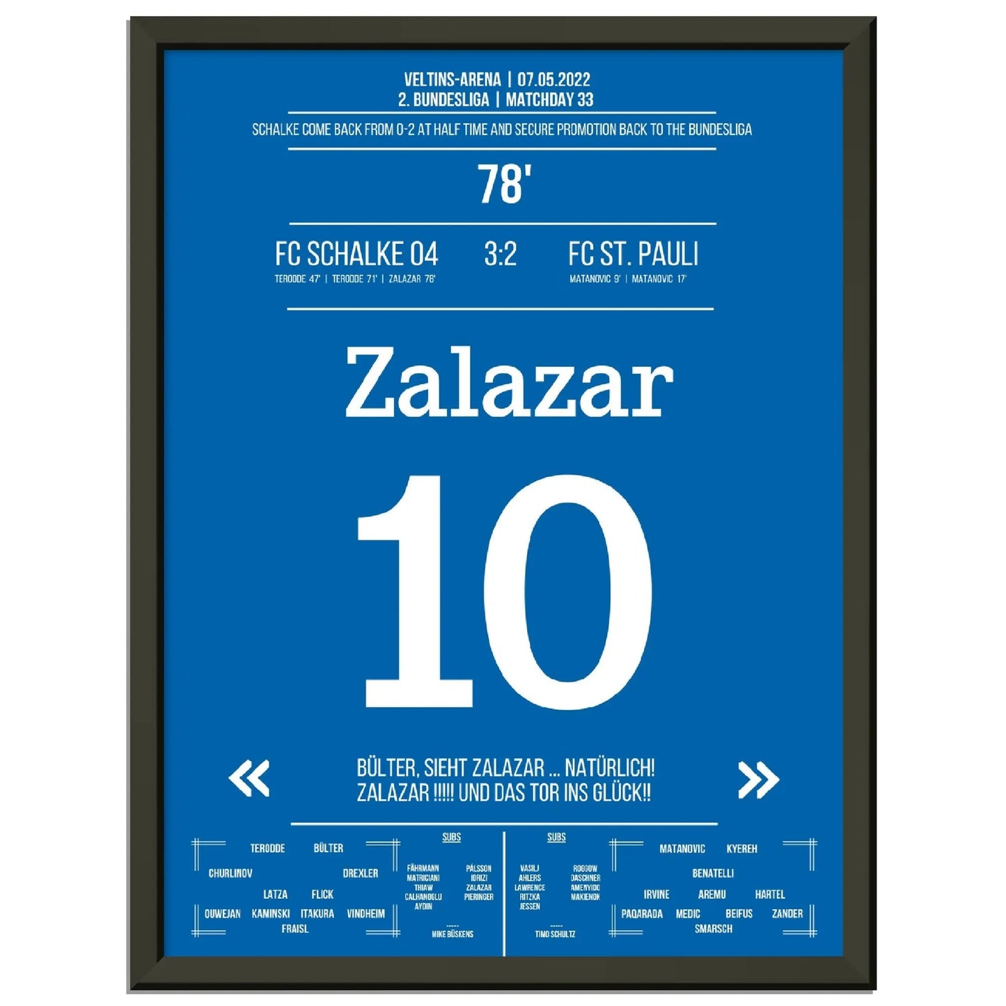 Zalazar trifft zum Wiederaufstieg am 33. Spieltag gegen St Pauli 30x40-cm-12x16-Schwarzer-Aluminiumrahmen