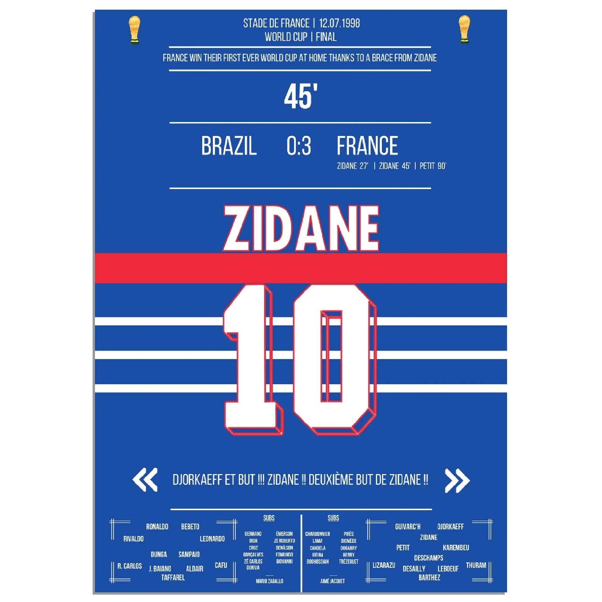 Zidane Kopfball-Doppelpack zu Frankreichs ersten WM Titel 1998 gegen Brasilien A4-21x29.7-cm-8x12-Ohne-Rahmen