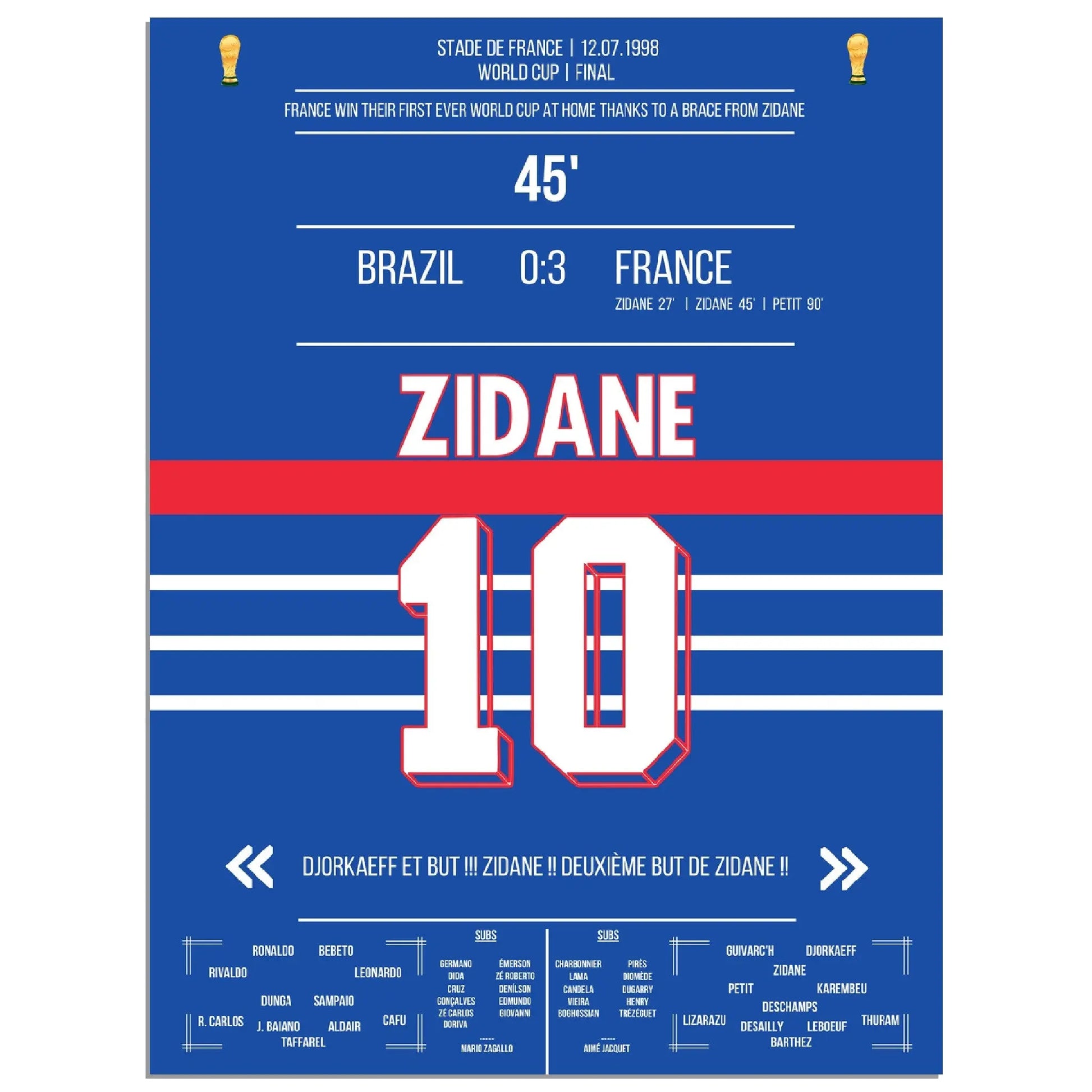 Zidane Kopfball-Doppelpack zu Frankreichs ersten WM Titel 1998 gegen Brasilien 30x40-cm-12x16-Ohne-Rahmen