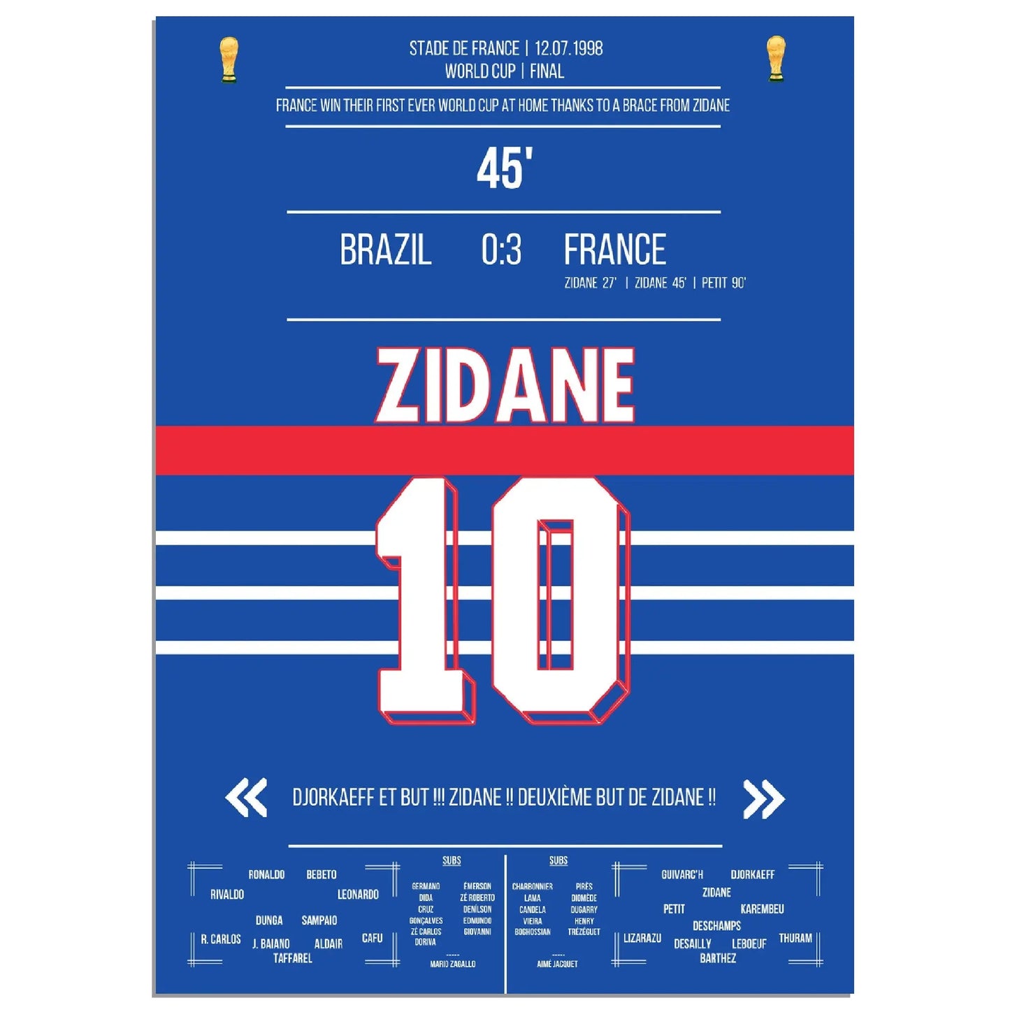 Zidane Kopfball-Doppelpack zu Frankreichs ersten WM Titel 1998 gegen Brasilien 50x70-cm-20x28-Ohne-Rahmen