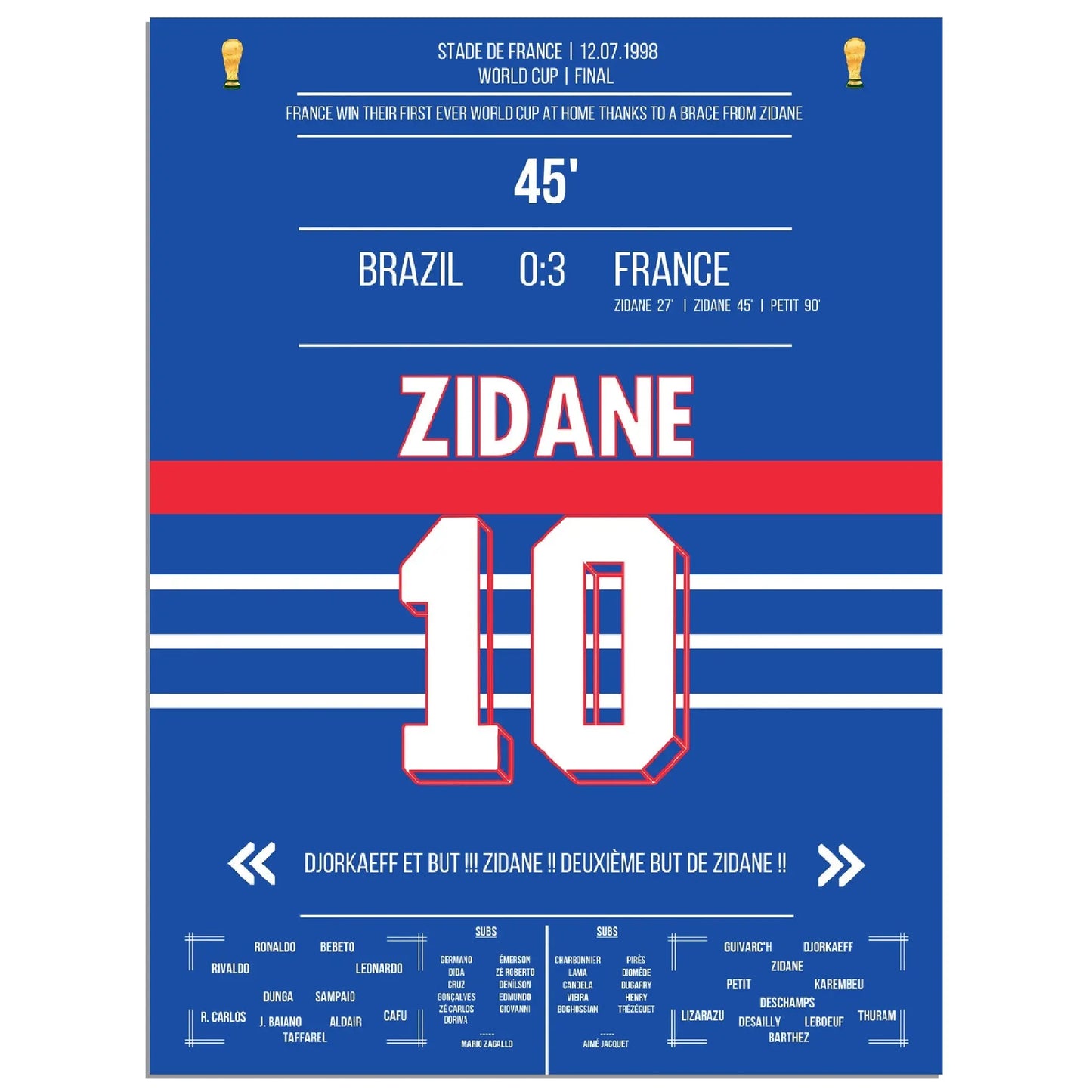 Zidane Kopfball-Doppelpack zu Frankreichs ersten WM Titel 1998 gegen Brasilien 45x60-cm-18x24-Ohne-Rahmen